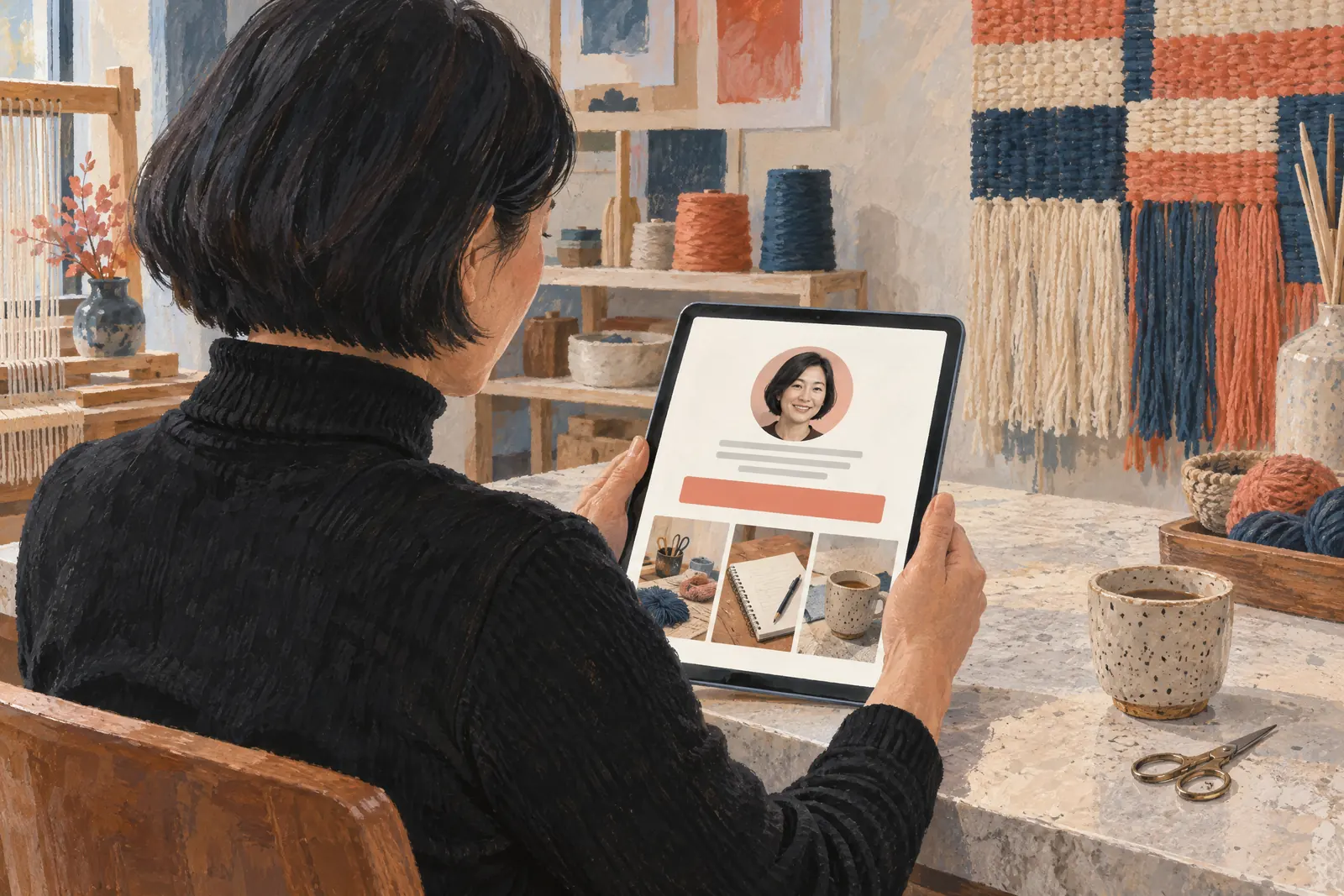 An east asian woman in her forties with a short bob in a black turtleneck at a weave studio looks at a screen showing a general product for sale, with a pair of small scissors beside them.