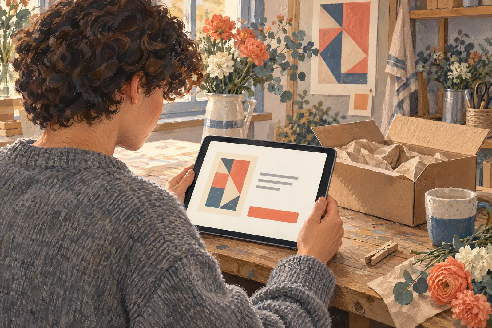 A teenager with curly hair in a heather gray wool sweater at a flower workroom looks at a screen showing a delivery product for sale, with a wooden clothespin beside them.