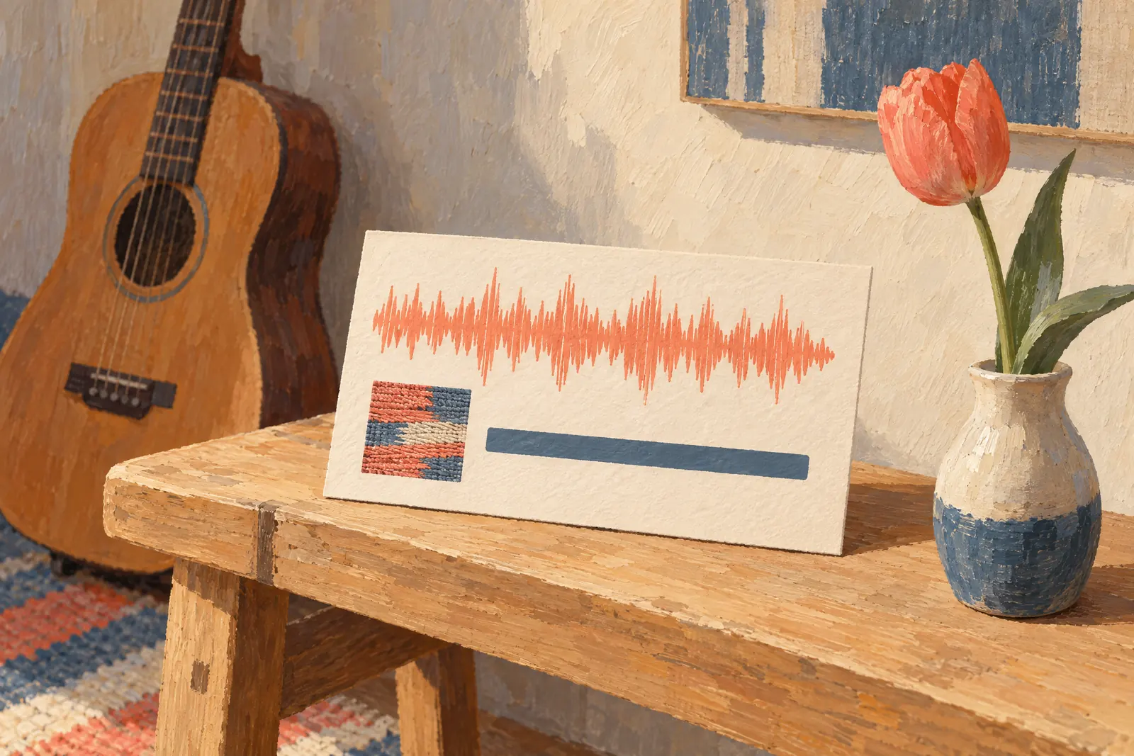 A record nook still life of a music product arranged with a single tulip, in coral, sand, slate, and cream.