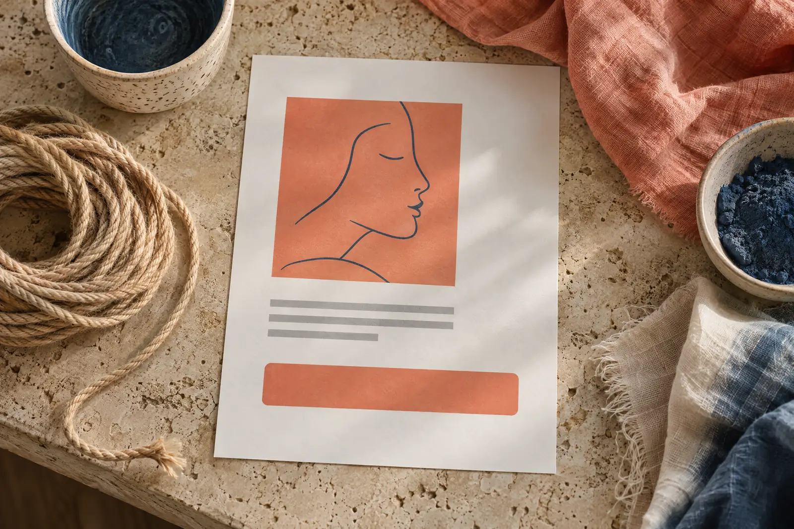 A dye studio still life of a general product arranged with a coil of natural rope, in coral, sand, slate, and cream.
