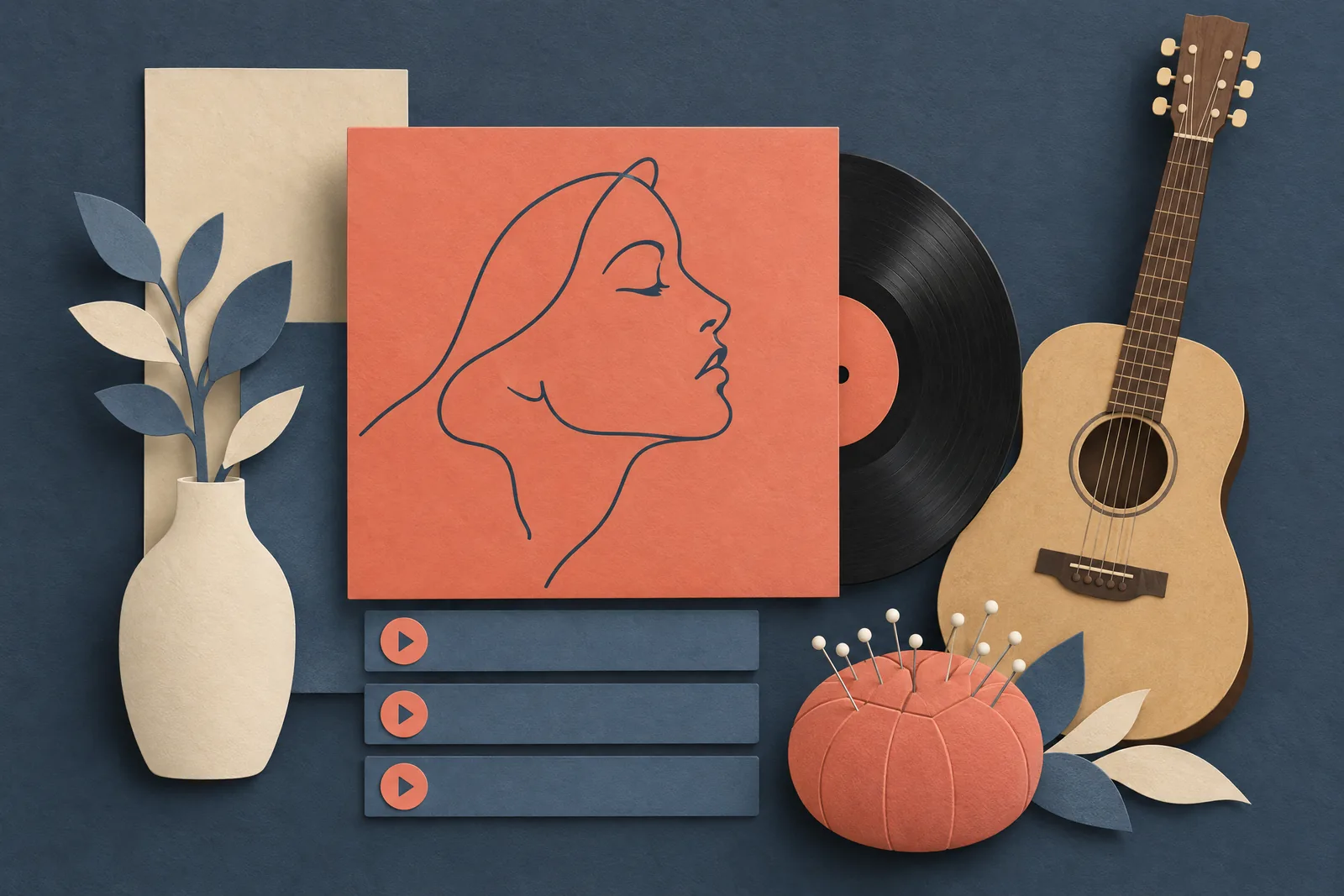 A tailor shop still life of a music product arranged with a round pin cushion, in coral, sand, slate, and cream.