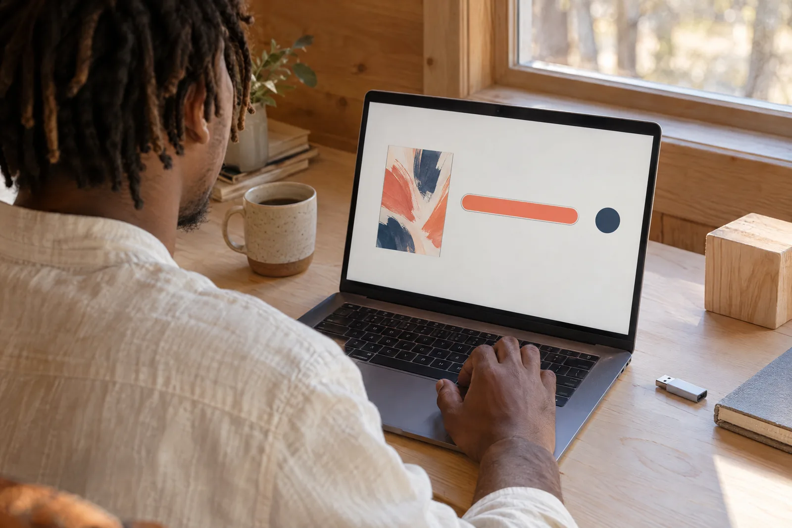 A young man with short locs in a cream linen shirt at a cabin desk looks at a screen showing a software product for sale, with a pale wooden block beside them.