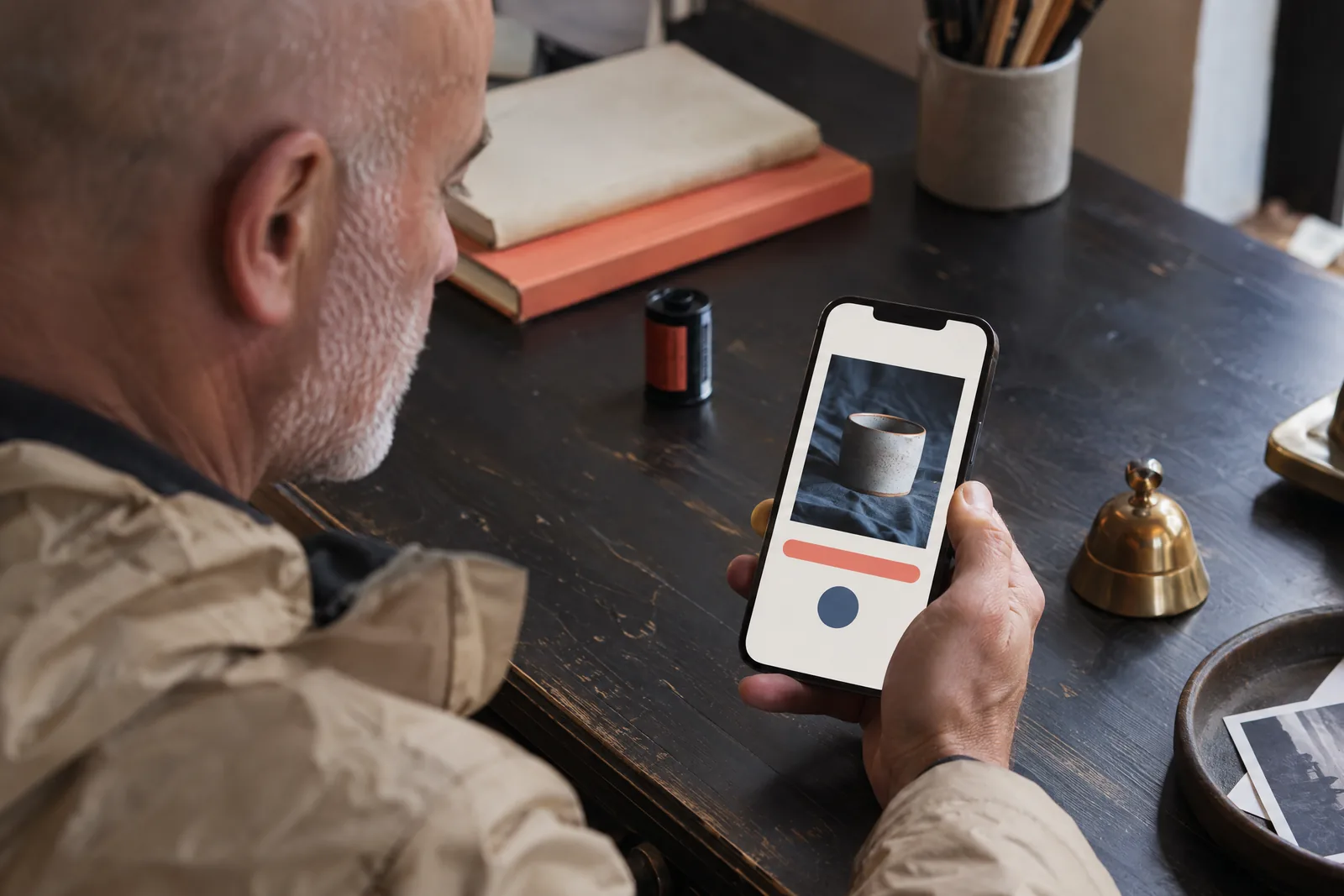 A bald man in his fifties with gray stubble in a sand rain jacket at a paper studio looks at a screen showing a video product for sale, with a small brass bell beside them.