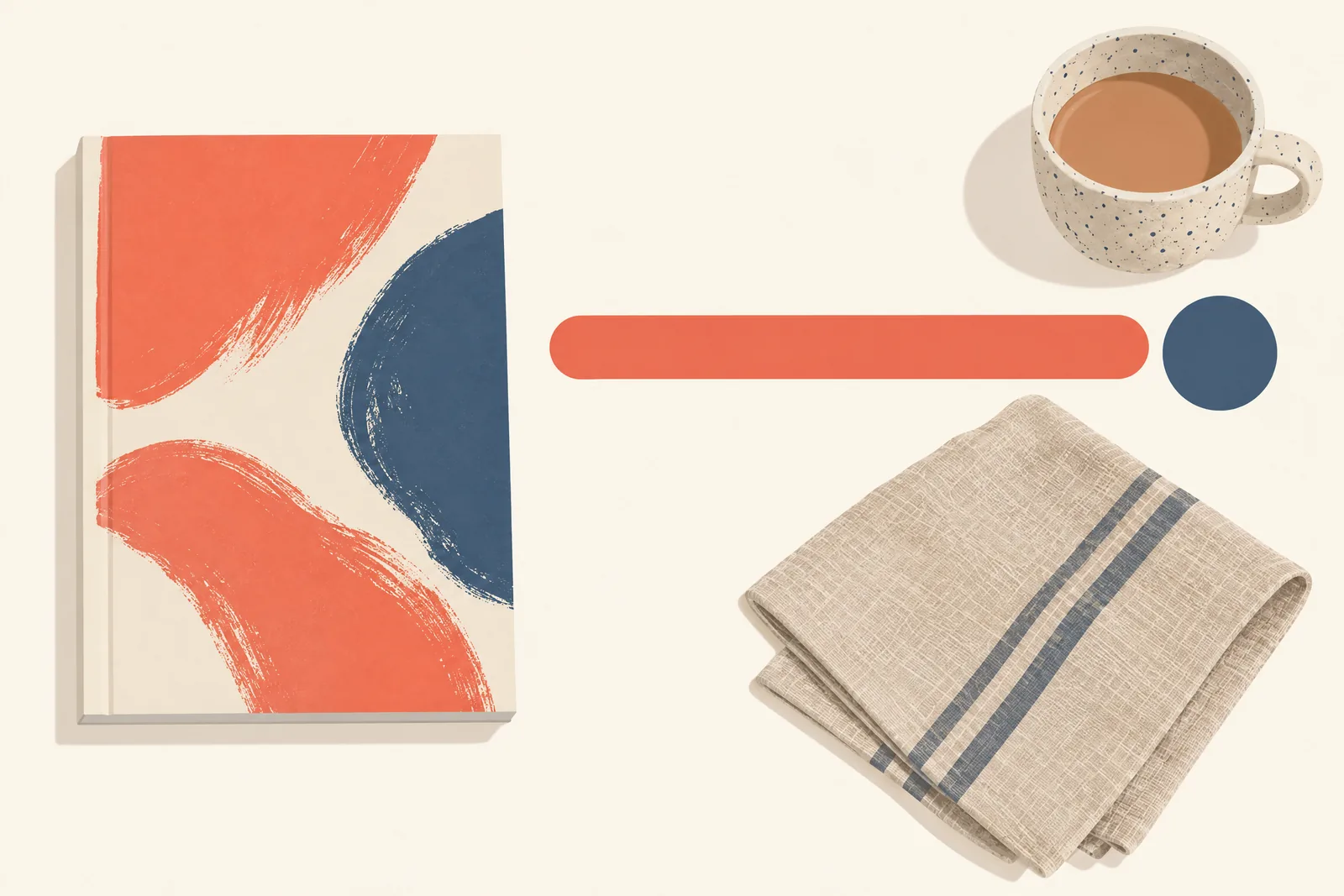 A glass studio still life of a general product arranged with a folded linen napkin, in coral, sand, slate, and cream.
