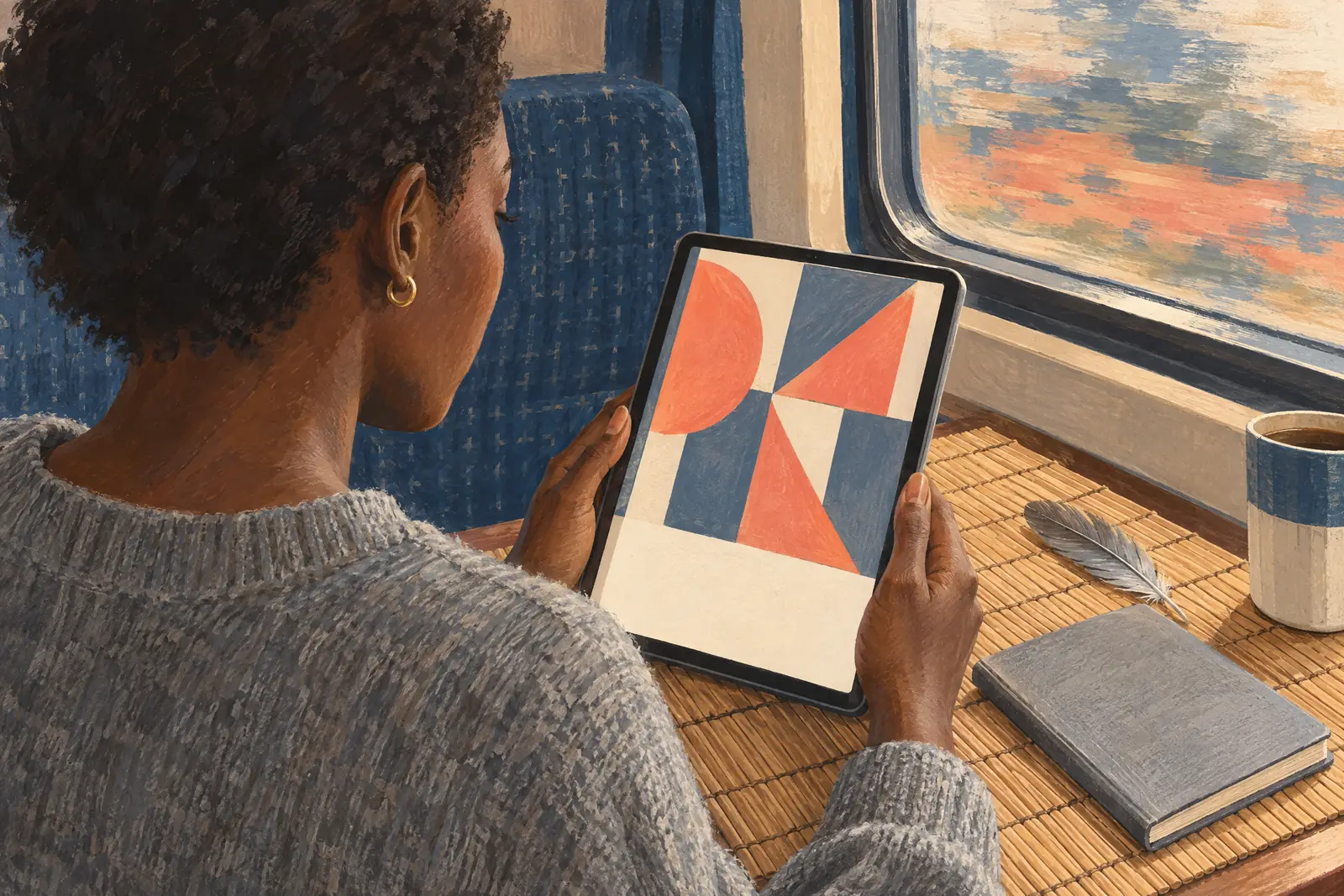 A black woman in her twenties with short natural hair in a heather gray wool sweater at a train compartment looks at a screen showing a ebook product for sale, with a gray feather beside them.