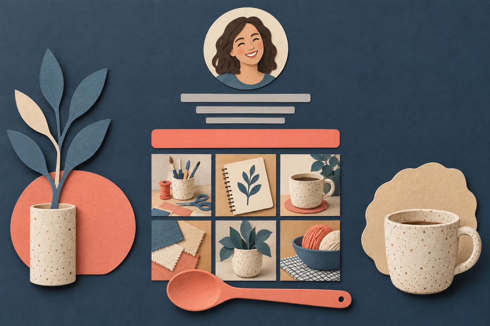 A ink studio still life of a general product arranged with a wooden spoon, in coral, sand, slate, and cream.