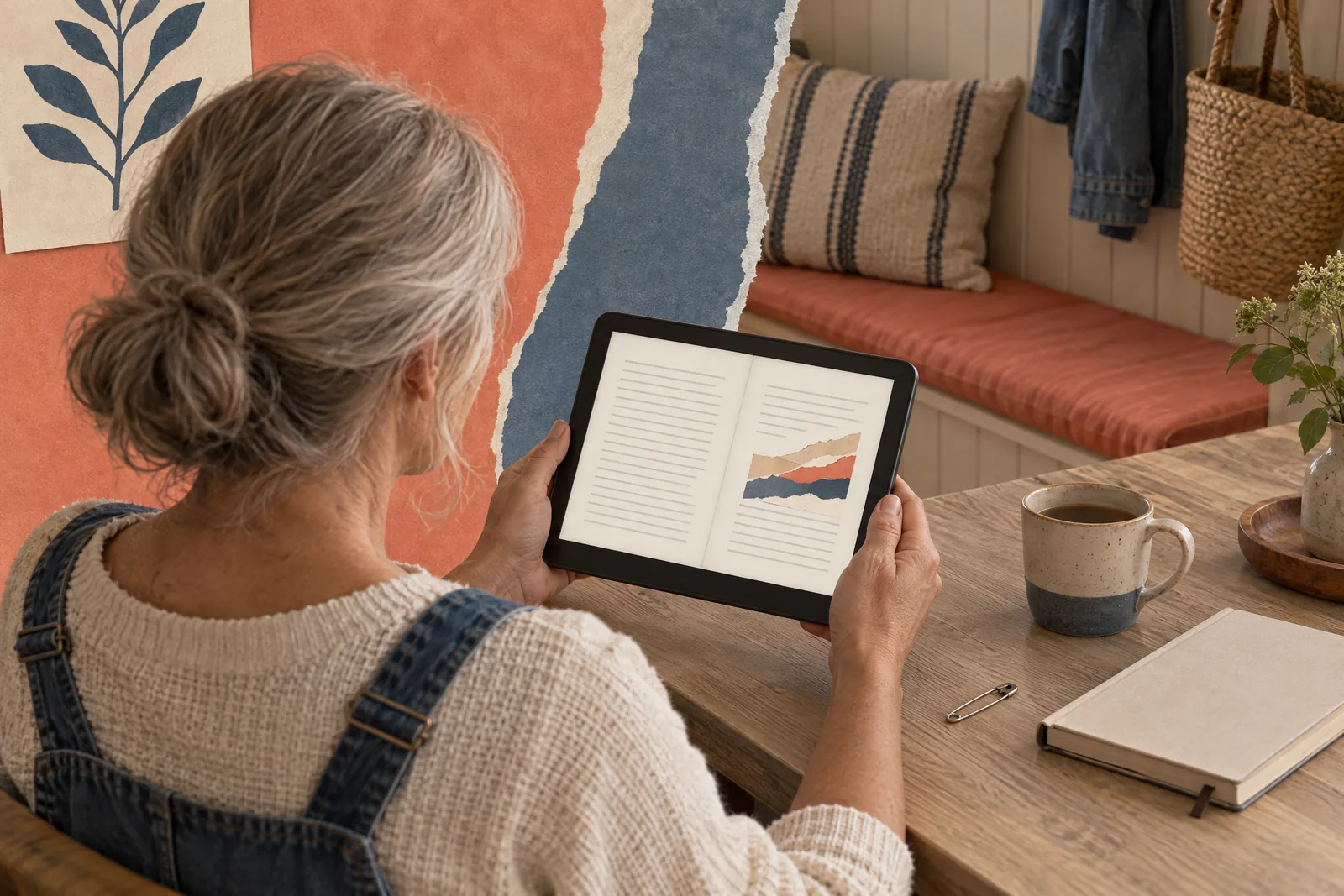 A woman in her fifties with silver hair in a low bun in a denim overalls at a mudroom bench looks at a screen showing a ebook product for sale, with a safety pin beside them.