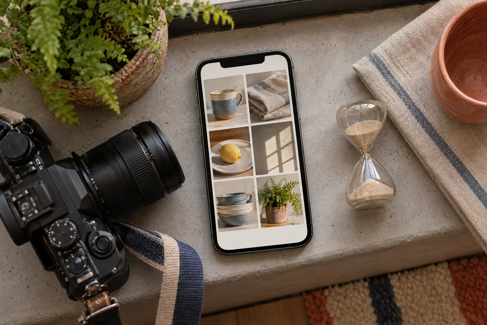 A music room still life of a photo product arranged with a small hourglass, in coral, sand, slate, and cream.