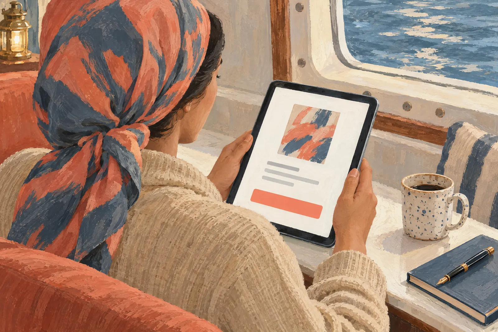 A woman in her thirties wearing a headscarf in a sand cardigan at a boat cabin looks at a screen showing a payment product for sale, with a speckled ceramic cup beside them.