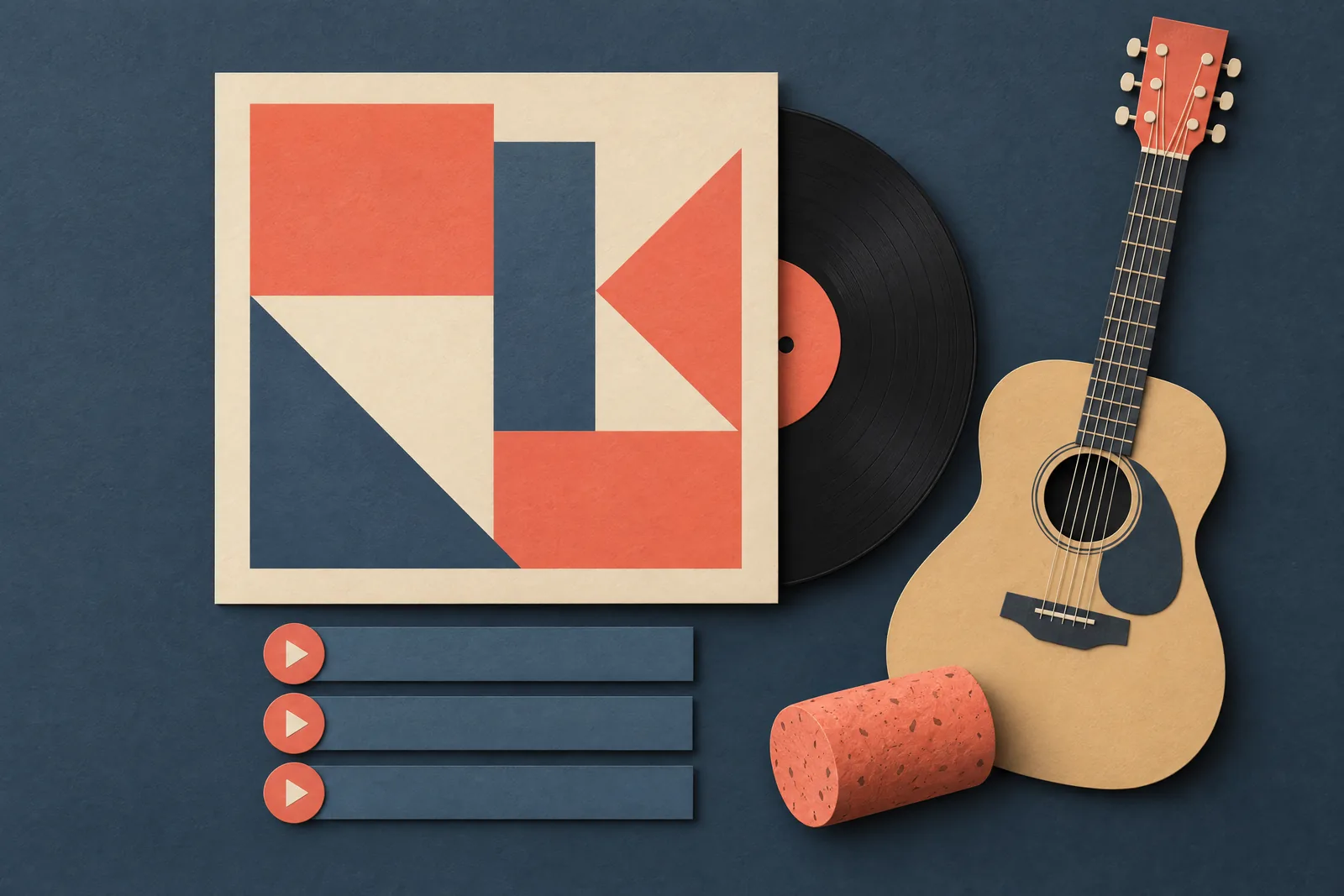 A schoolroom desk still life of a music product arranged with a cork, in coral, sand, slate, and cream.