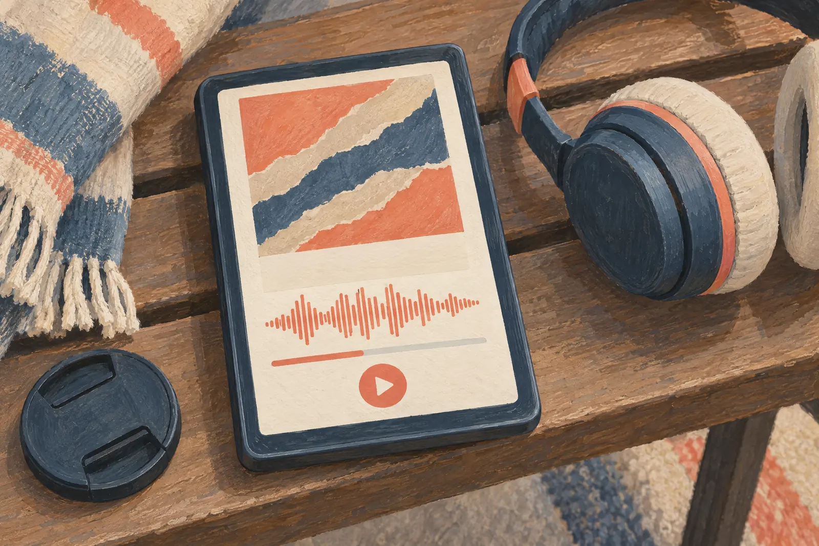 A dye studio still life of a audiobook product arranged with a camera lens cap, in coral, sand, slate, and cream.