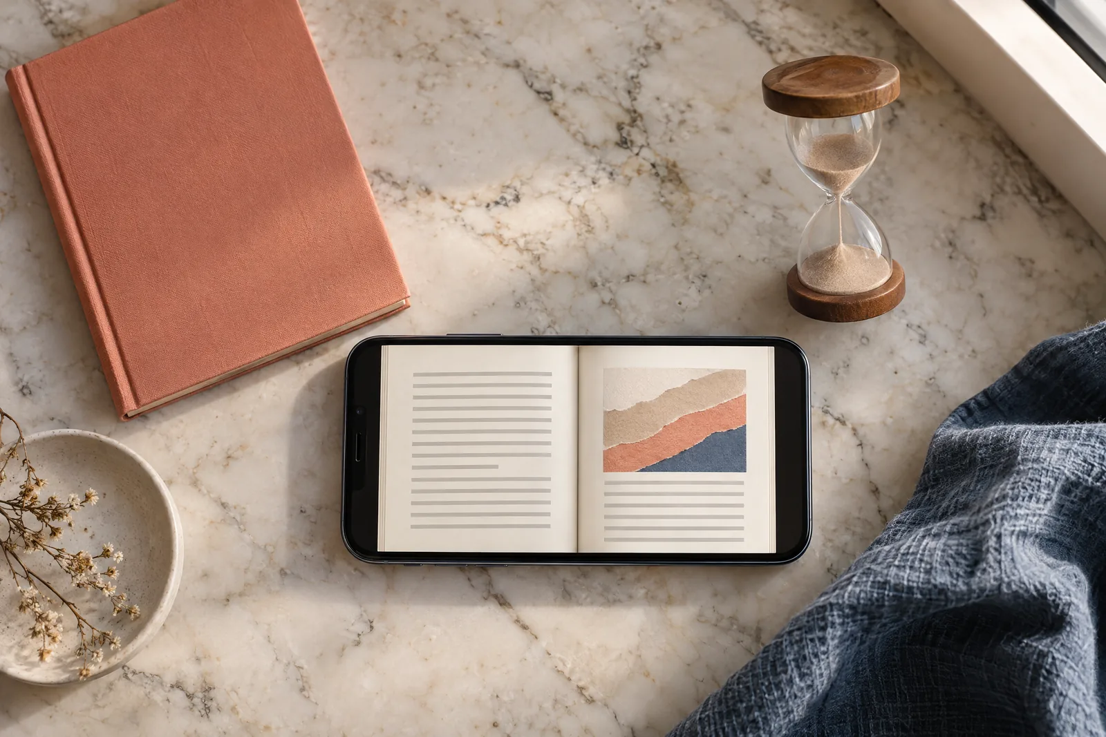 A editing bay still life of a ebook product arranged with a small hourglass, in coral, sand, slate, and cream.