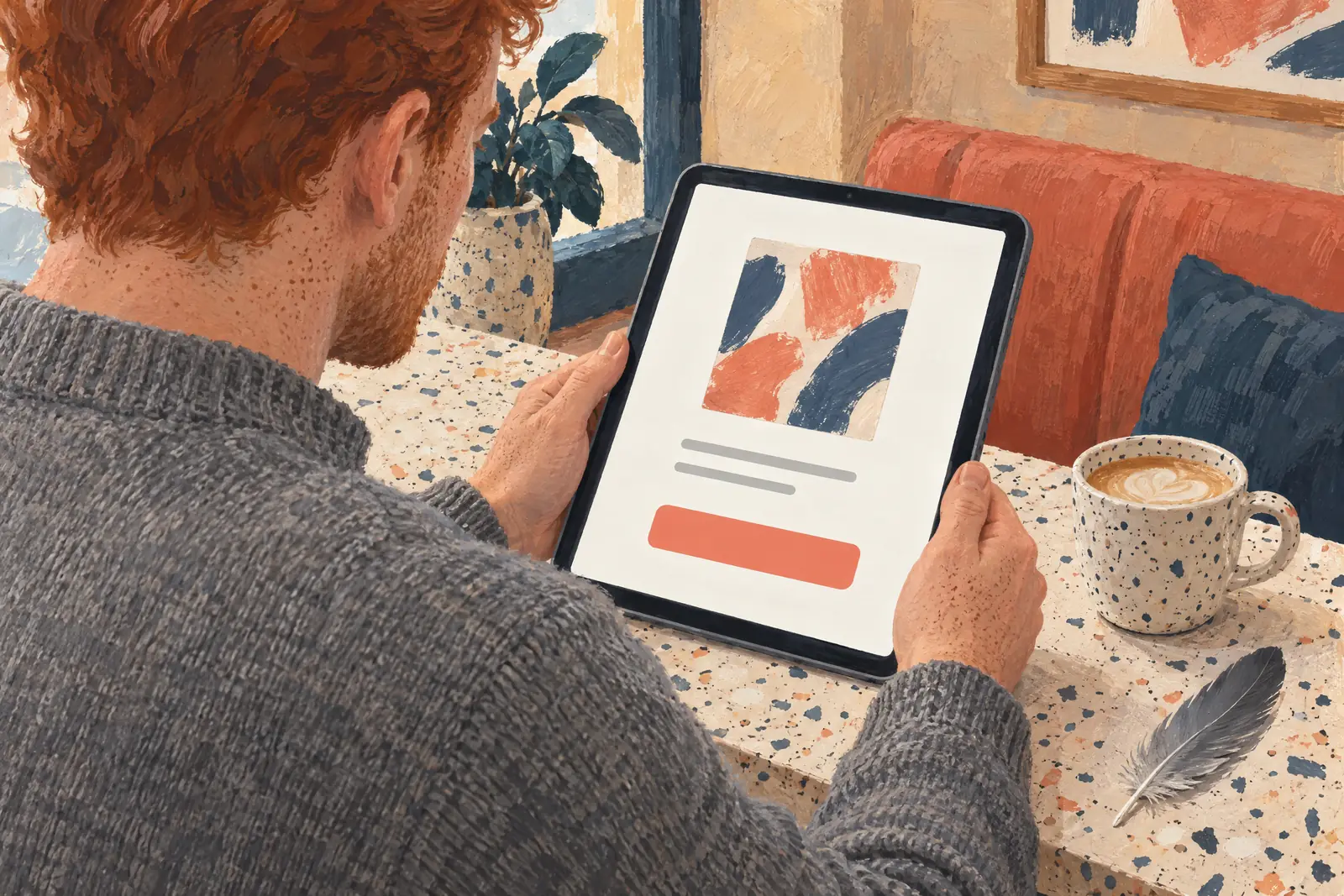 A man in his thirties with red hair and freckles in a heather gray wool sweater at a cafe booth looks at a screen showing a general product for sale, with a gray feather beside them.
