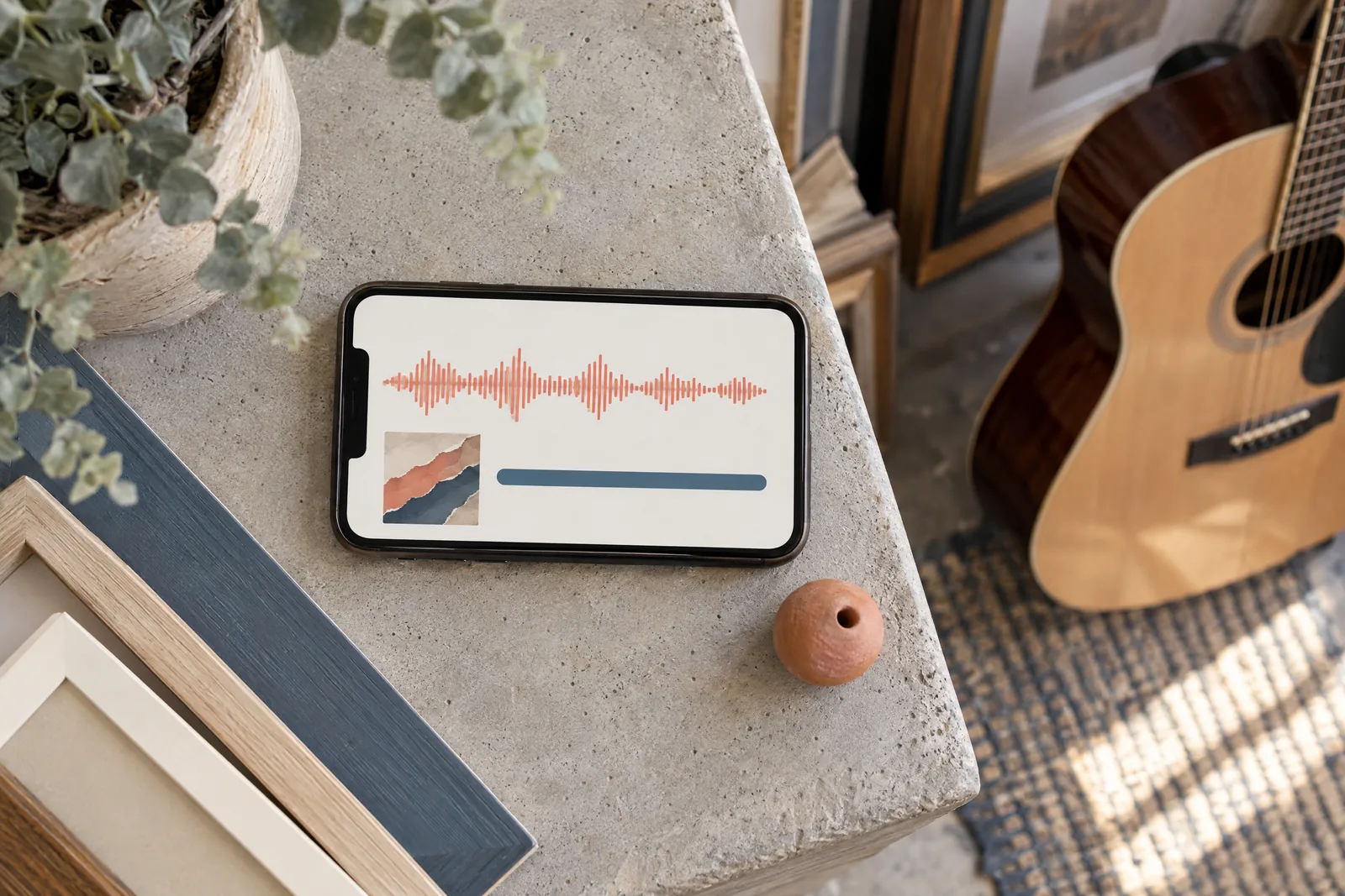 A frame shop still life of a music product arranged with a clay bead, in coral, sand, slate, and cream.