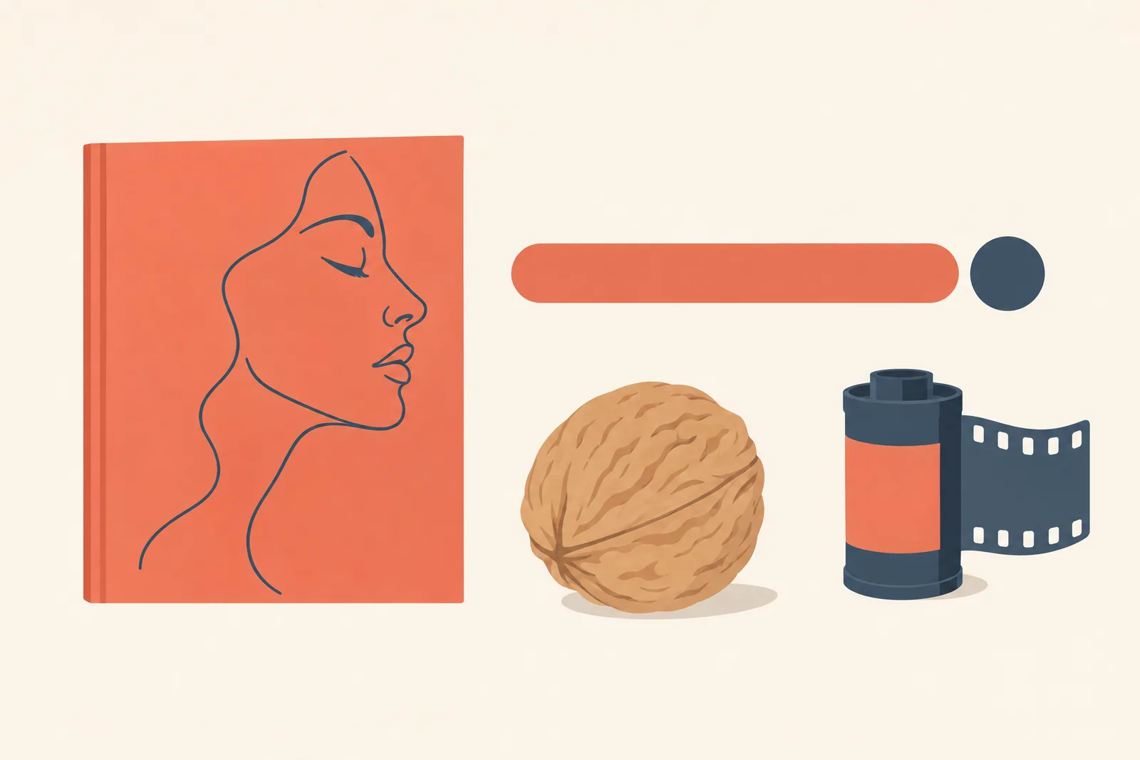 A writing cabin still life of a video product arranged with a walnut, in coral, sand, slate, and cream.