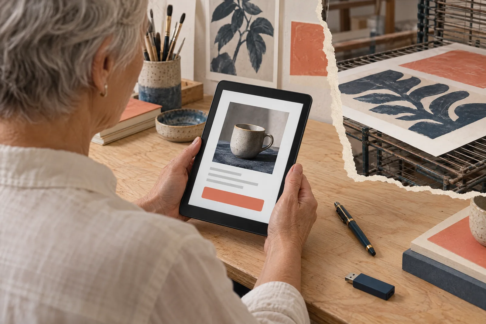 An older woman with cropped gray hair in a cream linen shirt at a print studio looks at a screen showing a software product for sale, with a fountain pen beside them.