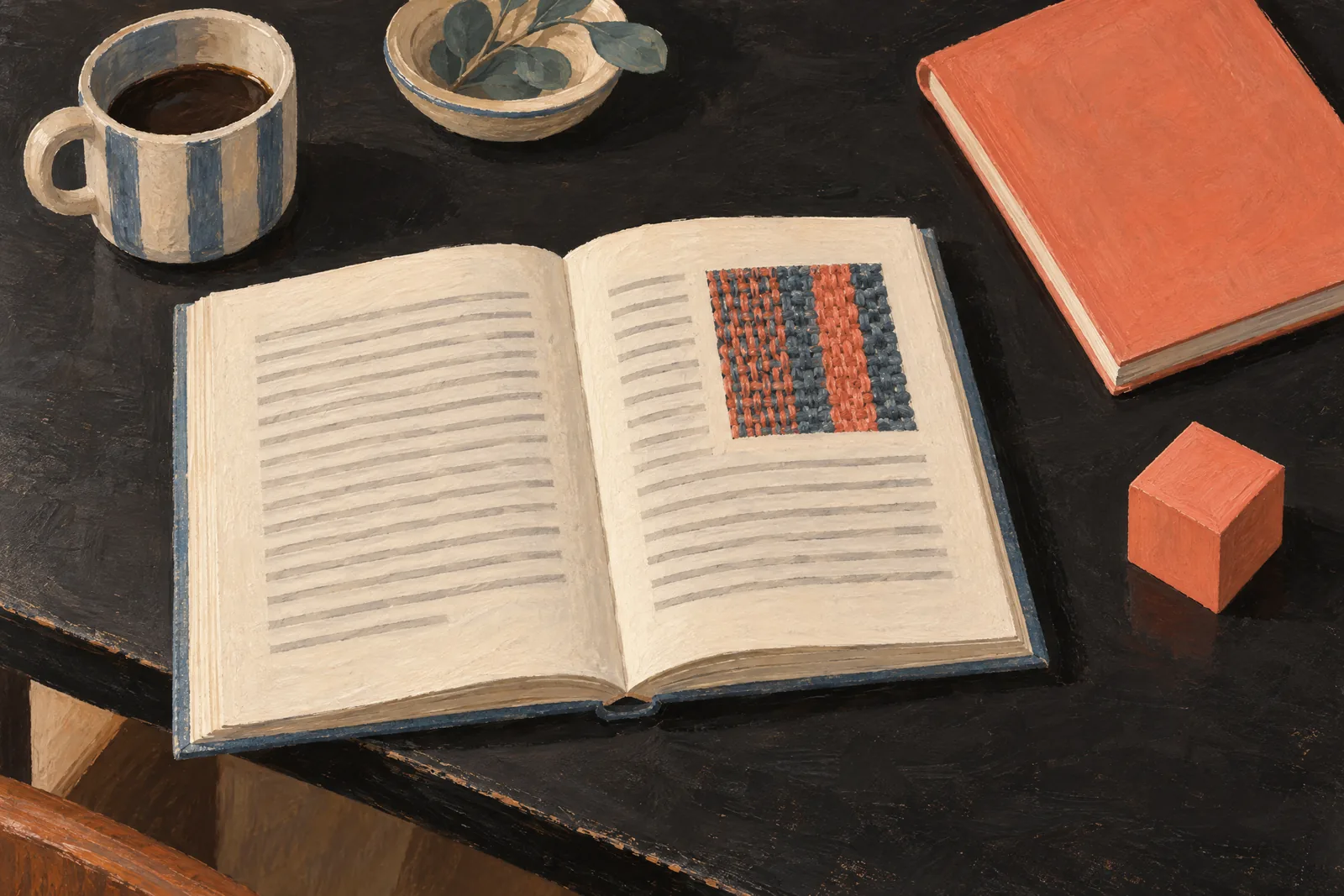 A rehearsal corner still life of a ebook product arranged with a coral wooden cube, in coral, sand, slate, and cream.