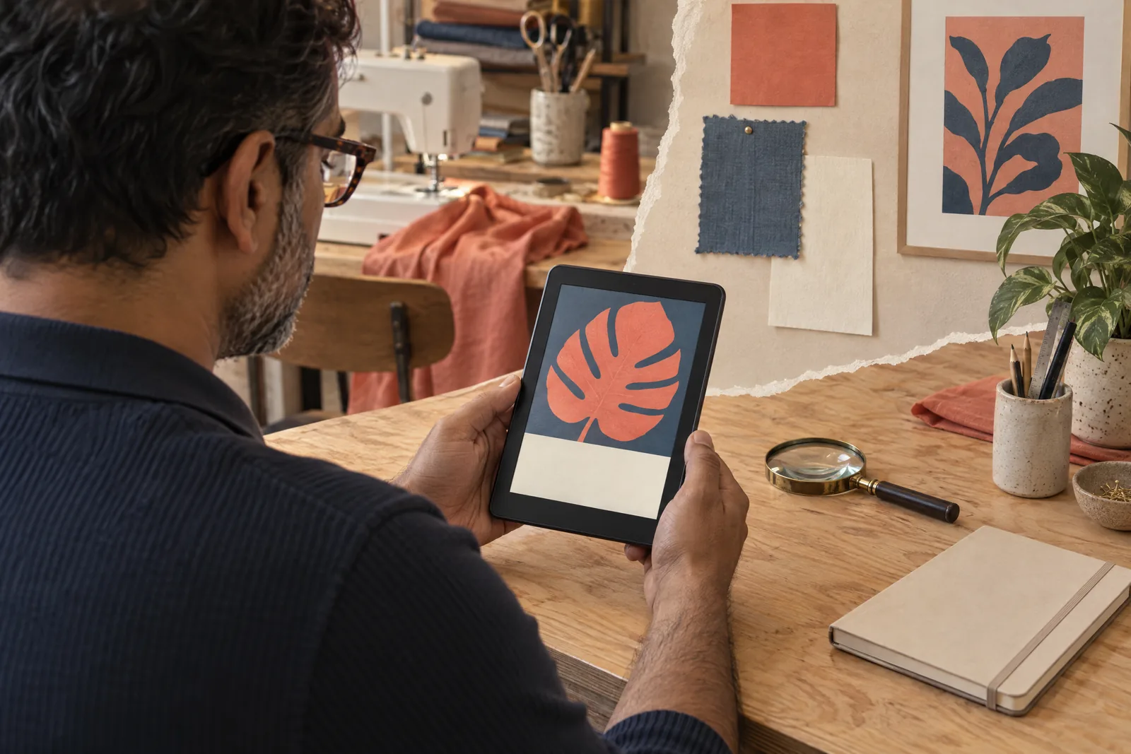 A south asian man in his forties with tortoiseshell glasses in a navy knit polo at a sewing room looks at a screen showing a ebook product for sale, with a magnifying glass beside them.