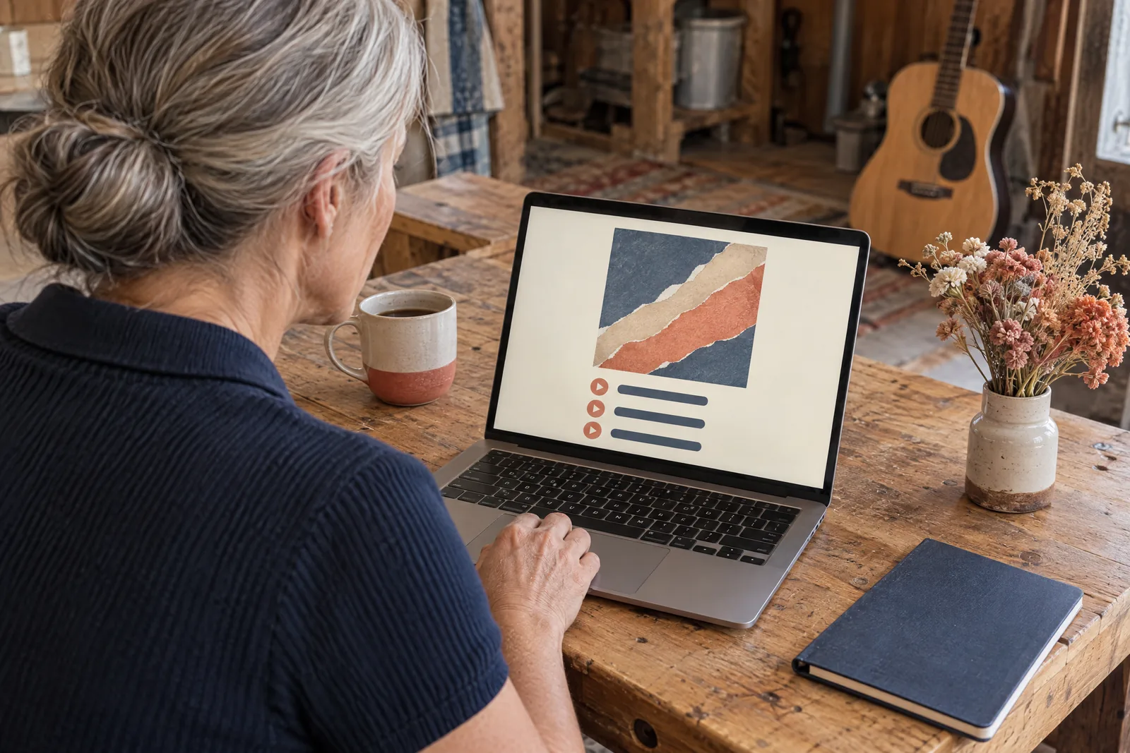 A woman in her fifties with silver hair in a low bun in a navy knit polo at a craft barn looks at a screen showing a music product for sale, with a dried flower beside them.