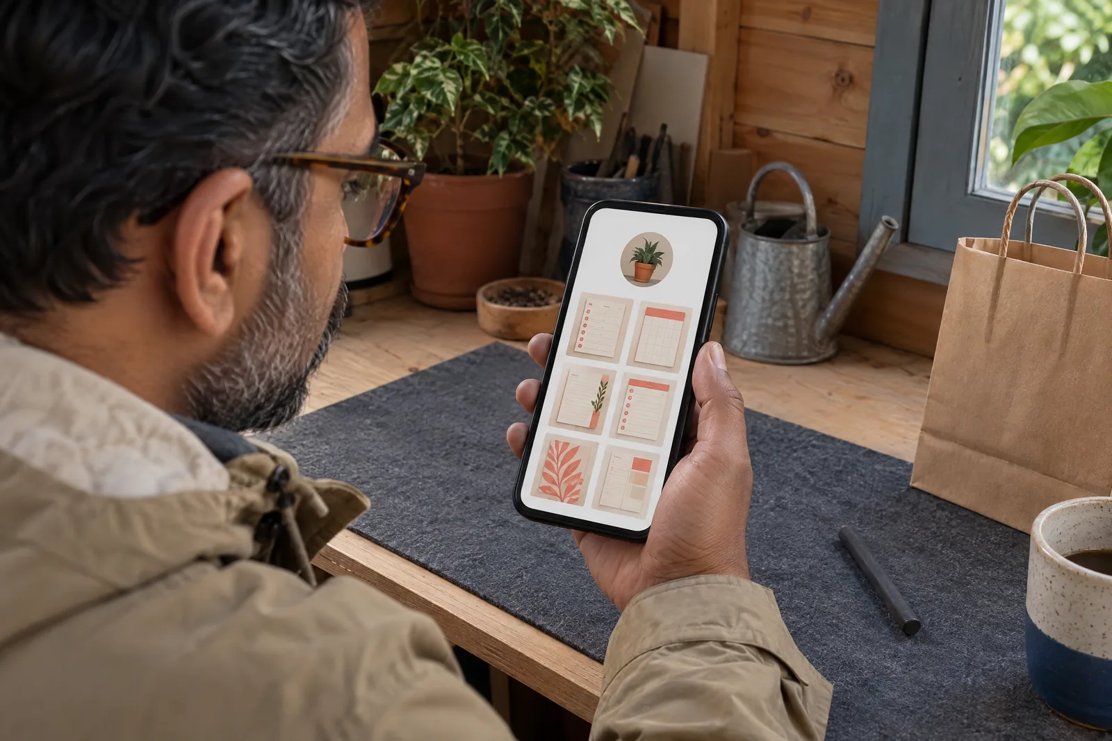 A south asian man in his forties with tortoiseshell glasses in a sand rain jacket at a garden shed looks at a screen showing a shop product for sale, with a charcoal stick beside them.