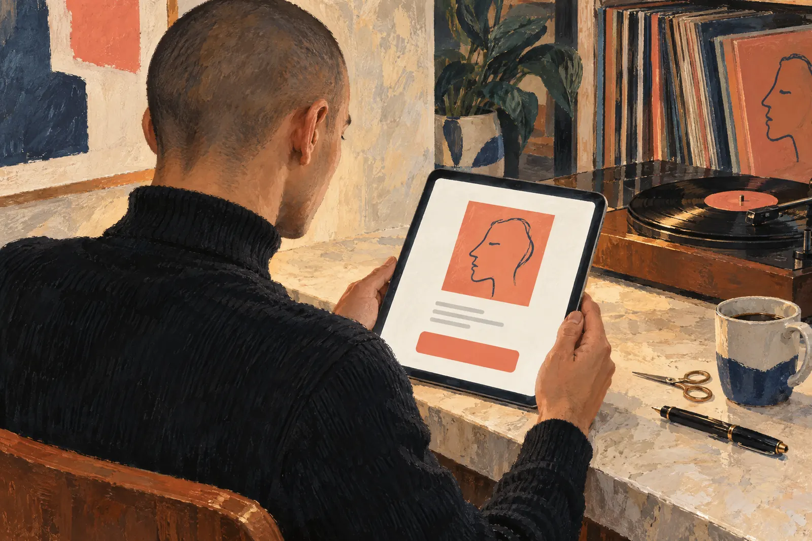 A man in his twenties with a shaved head in a black turtleneck at a record nook looks at a screen showing a payment product for sale, with a pair of small scissors beside them.