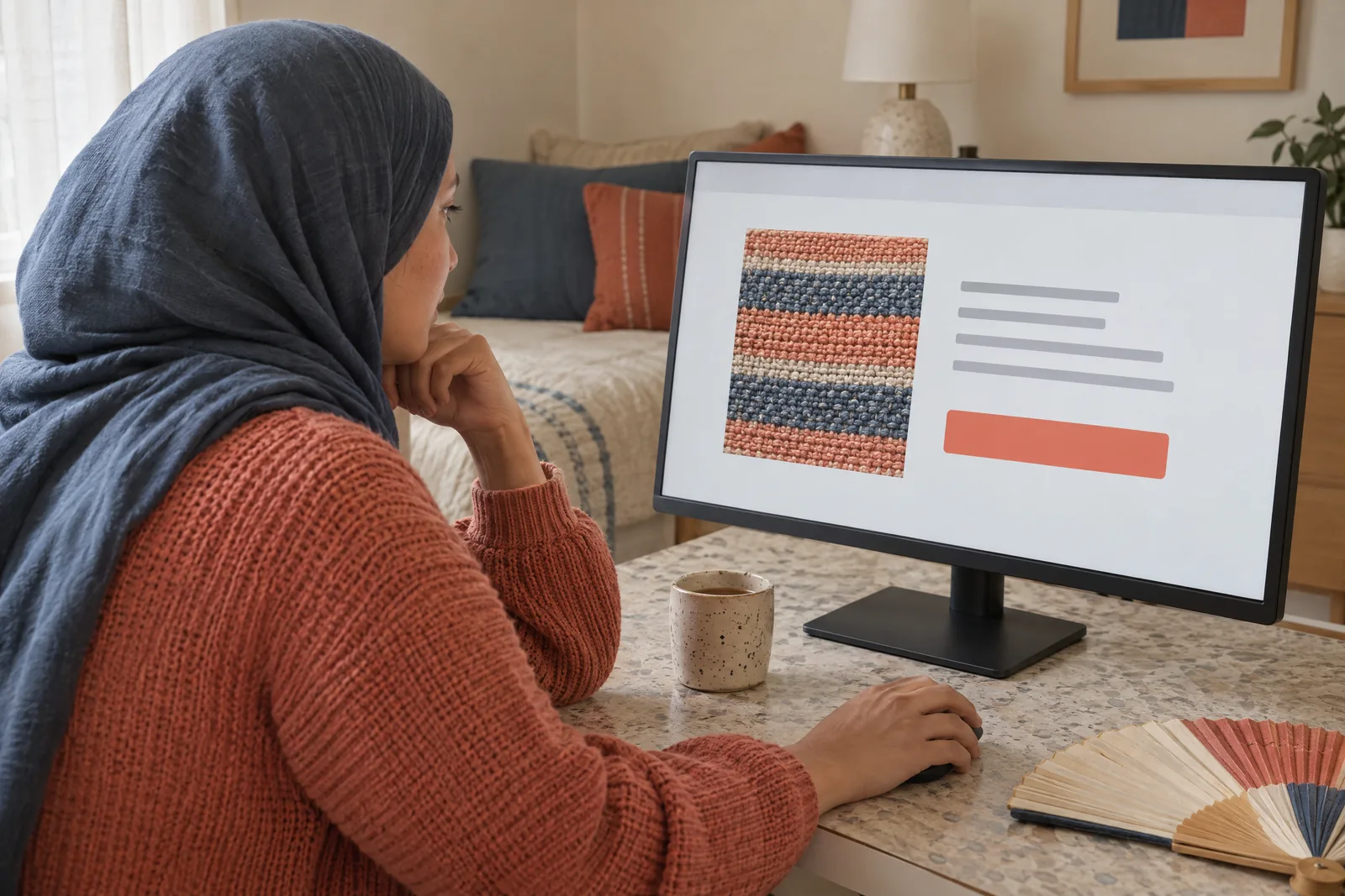 A woman in her thirties wearing a headscarf in a coral knit sweater at a guest room looks at a screen showing a general product for sale, with a paper fan beside them.
