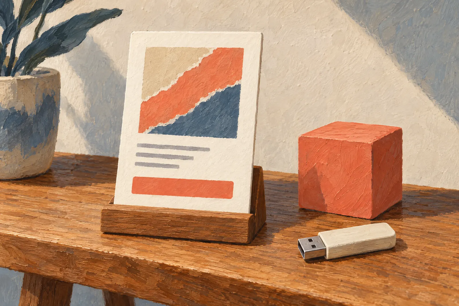A basement studio still life of a software product arranged with a coral wooden cube, in coral, sand, slate, and cream.
