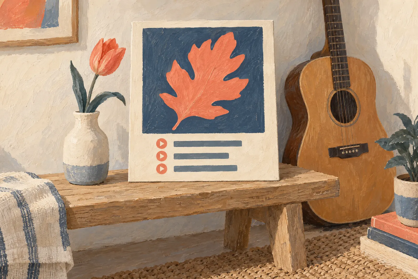 A music room still life of a music product arranged with a single tulip, in coral, sand, slate, and cream.
