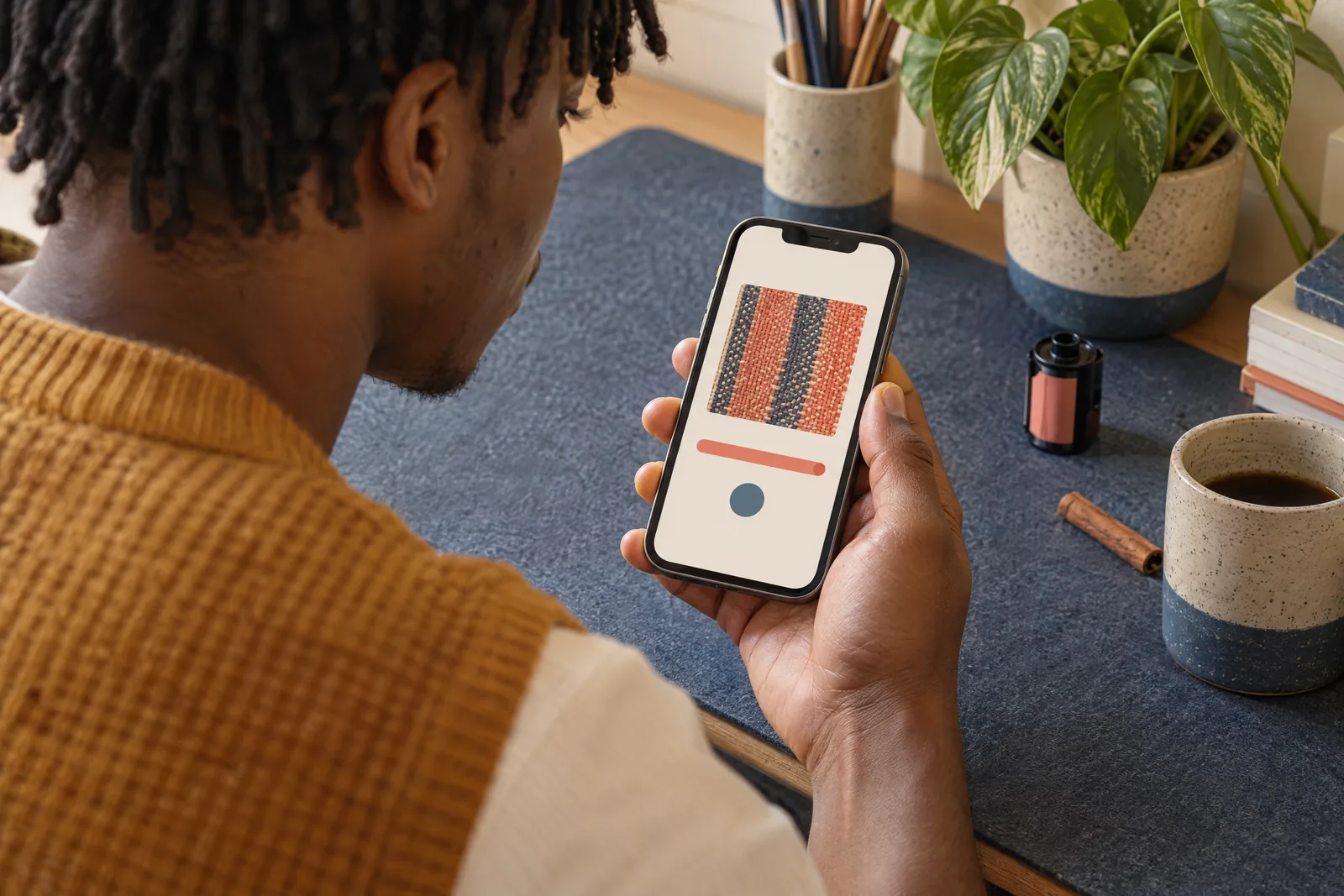 A young man with short locs in a mustard knit vest at a photo bay looks at a screen showing a video product for sale, with a cinnamon stick beside them.
