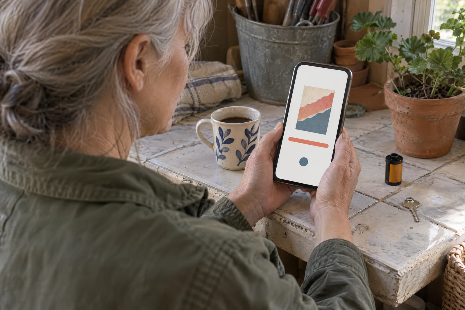 A woman in her fifties with silver hair in a low bun in a olive field jacket at a garden shed looks at a screen showing a video product for sale, with a house key beside them.