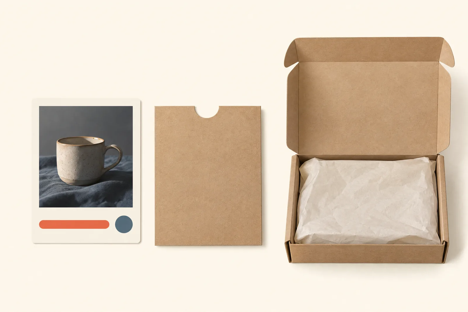 A train compartment still life of a delivery product arranged with a flat kraft sleeve, in coral, sand, slate, and cream.