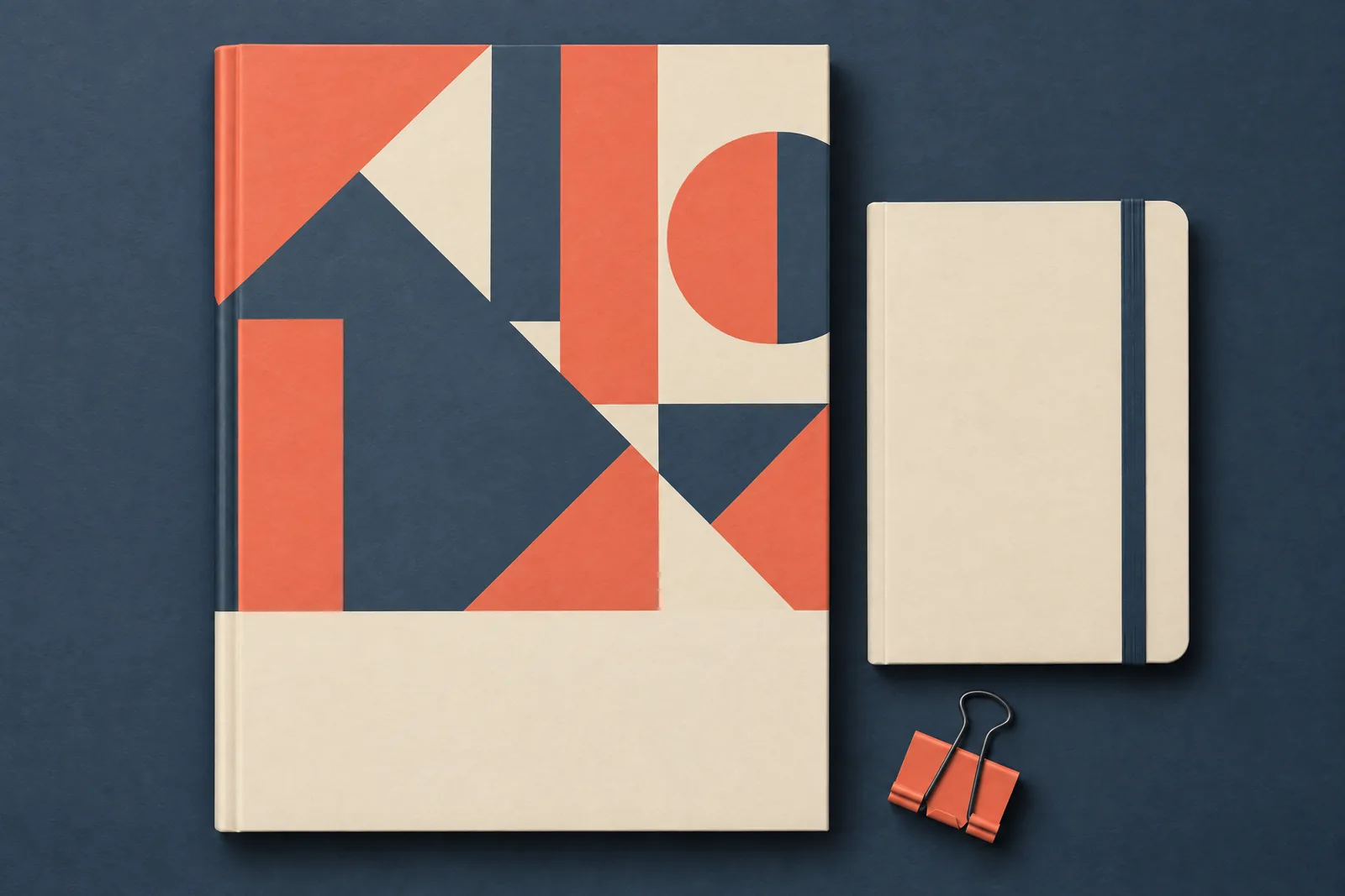 A cabin desk still life of a ebook product arranged with a black binder clip, in coral, sand, slate, and cream.