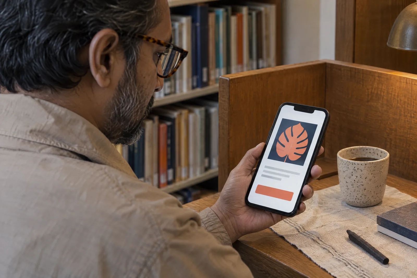 A south asian man in his forties with tortoiseshell glasses in a sand rain jacket at a library carrel looks at a screen showing a general product for sale, with a charcoal stick beside them.