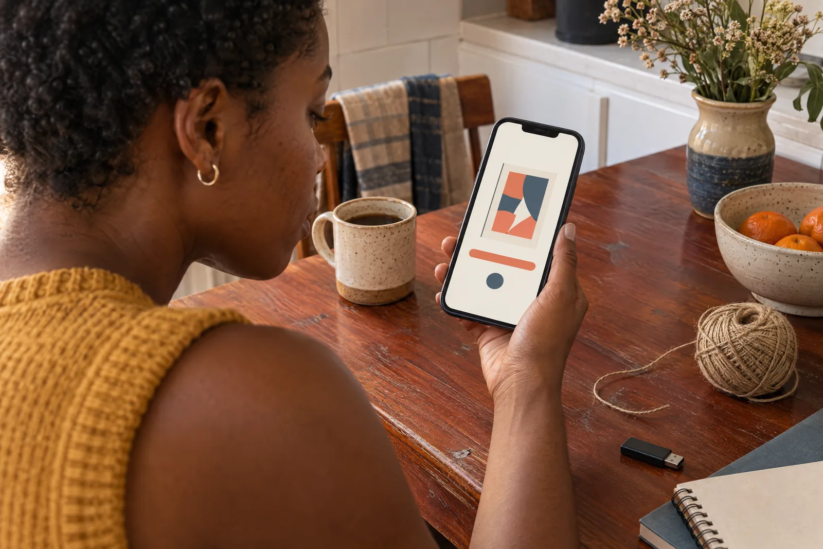 A black woman in her twenties with short natural hair in a mustard knit vest at a kitchen nook looks at a screen showing a software product for sale, with a ball of twine beside them.
