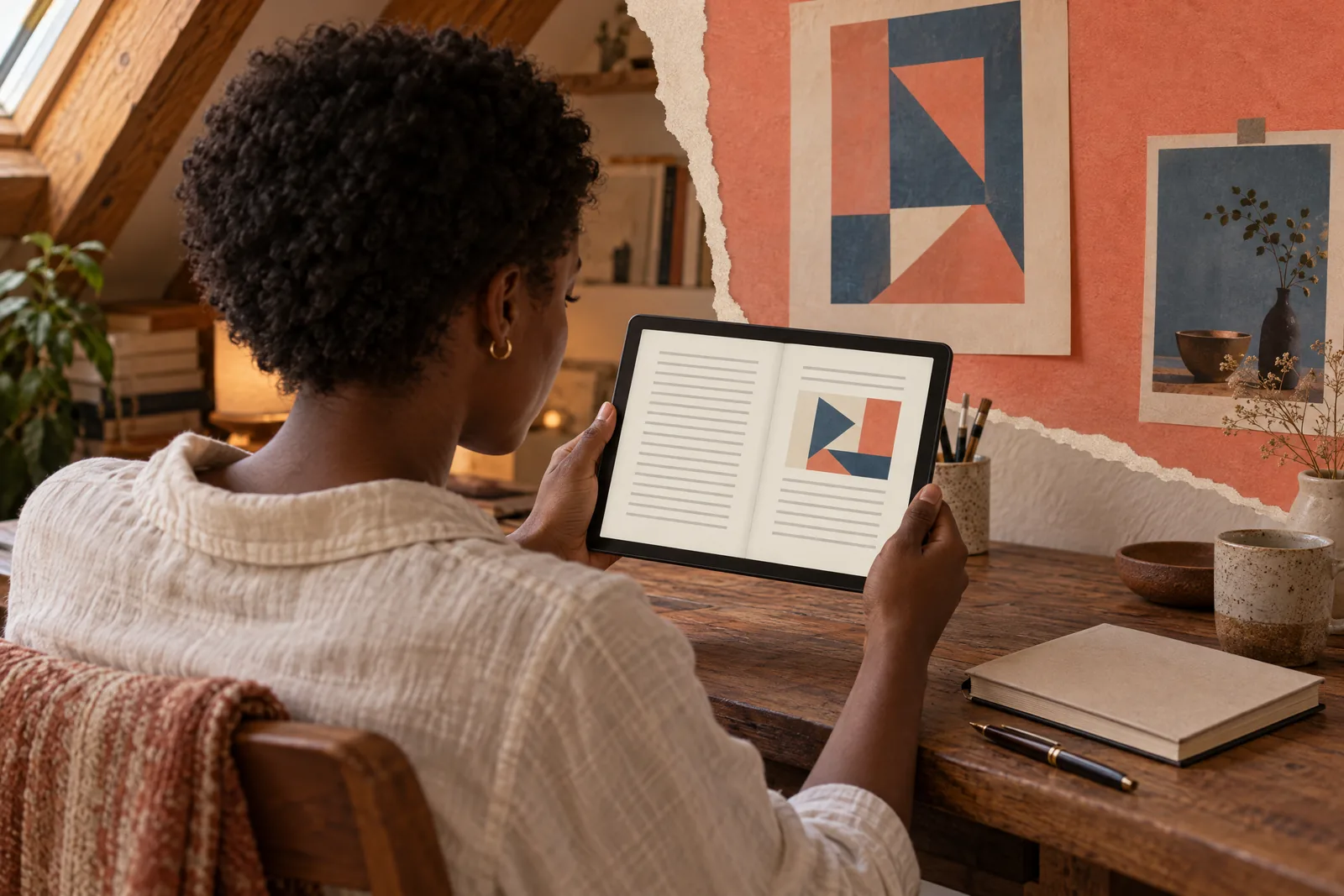 A black woman in her twenties with short natural hair in a cream linen shirt at a attic studio looks at a screen showing a ebook product for sale, with a fountain pen beside them.