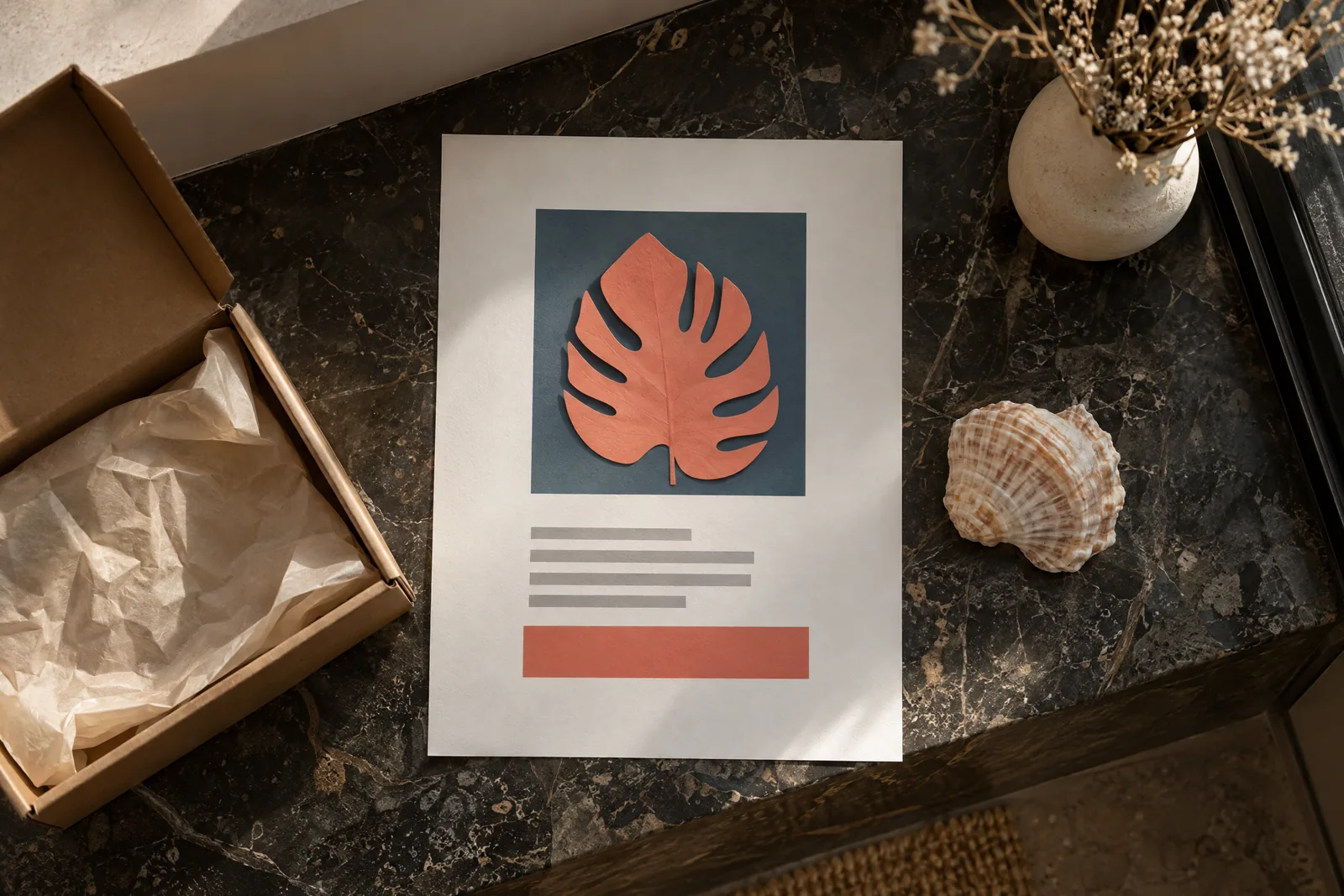 A loft corner still life of a delivery product arranged with a seashell, in coral, sand, slate, and cream.