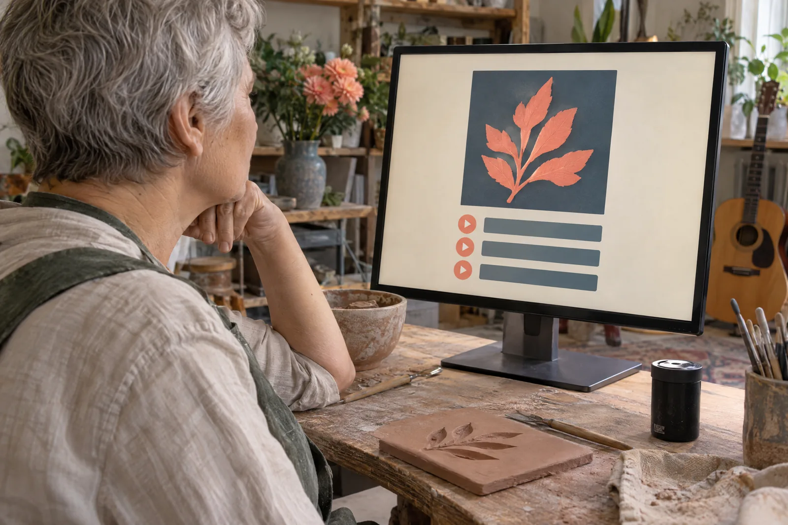 An older woman with cropped gray hair in a green canvas apron at a flower workroom looks at a screen showing a music product for sale, with a black film canister beside them.