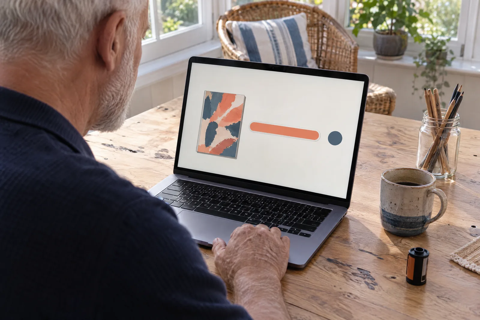 A man in his sixties with a close-cropped white beard in a navy knit polo at a sunroom looks at a screen showing a video product for sale, with a glass jar of pencils beside them.