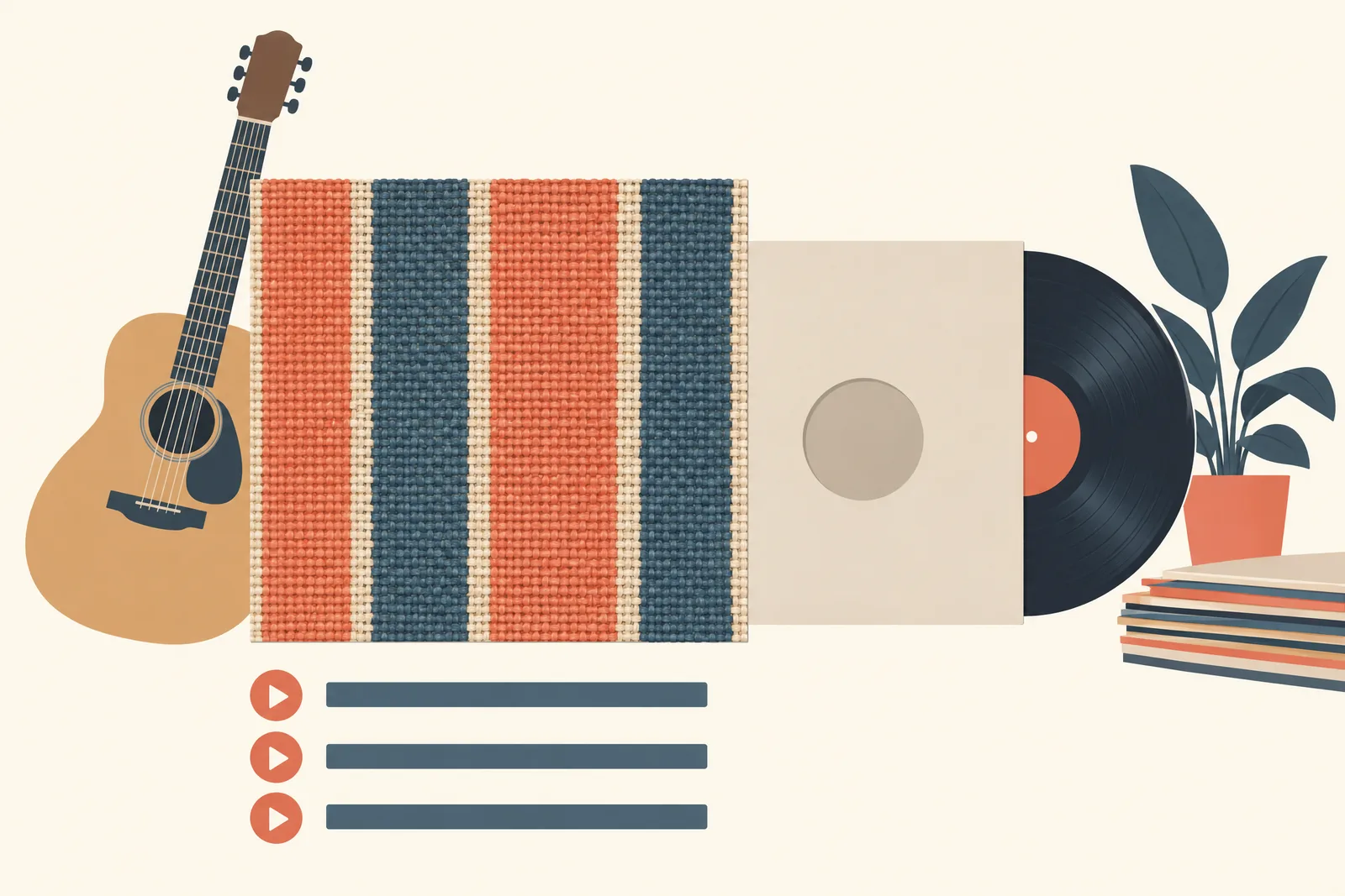 A glass balcony still life of a music product arranged with a blank vinyl sleeve, in coral, sand, slate, and cream.