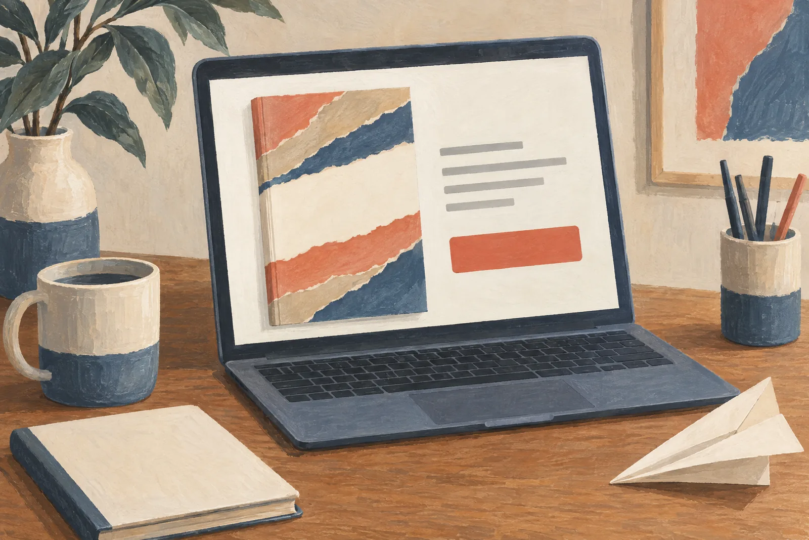 A bedroom alcove still life of a ebook product arranged with a paper airplane, in coral, sand, slate, and cream.