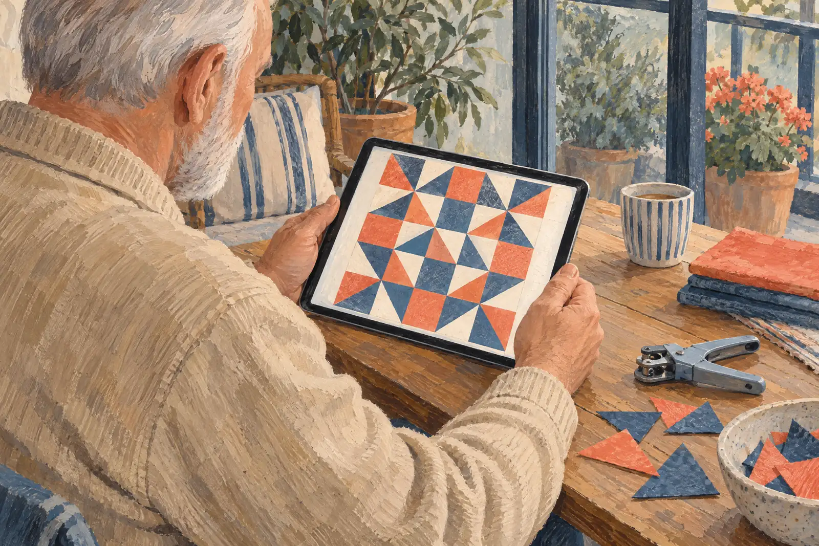A man in his sixties with a close-cropped white beard in a sand cardigan at a glass balcony looks at a screen showing a craft product for sale, with a hole punch beside them.