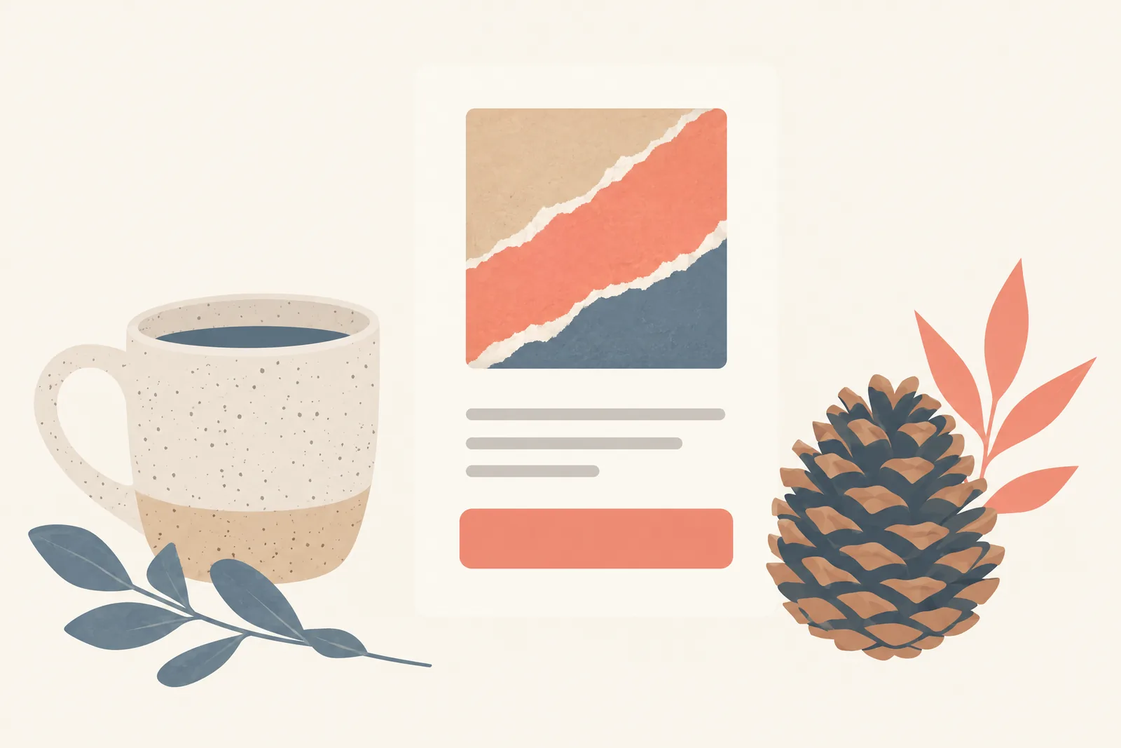 A cafe window still life of a general product arranged with a pinecone, in coral, sand, slate, and cream.