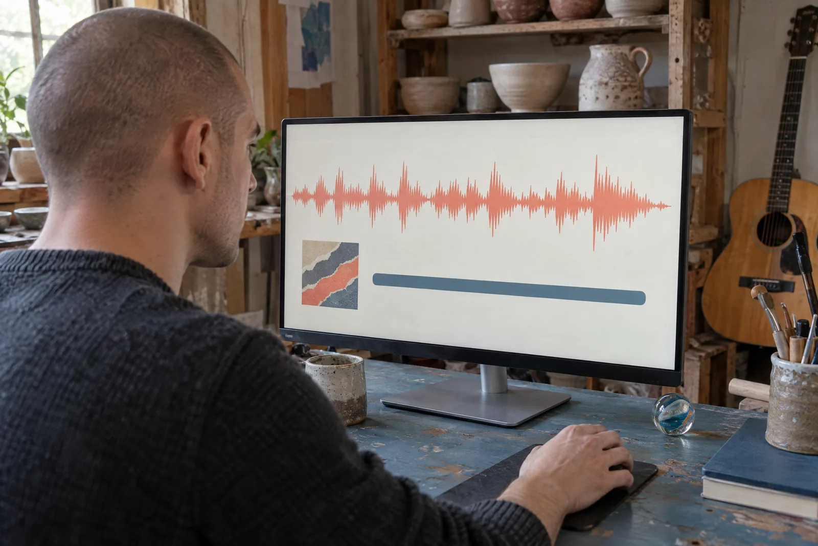 A man in his twenties with a shaved head in a charcoal sweater at a pottery shed looks at a screen showing a music product for sale, with a glass marble beside them.