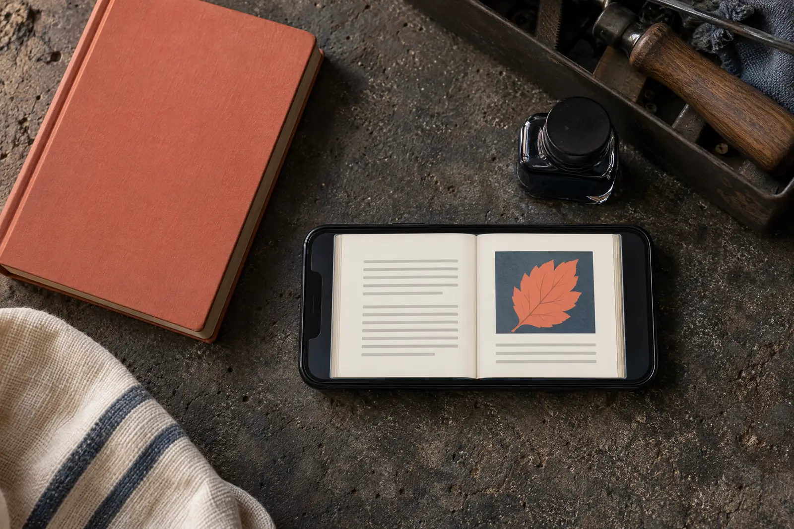 A garage workshop still life of a ebook product arranged with a small ink bottle, in coral, sand, slate, and cream.