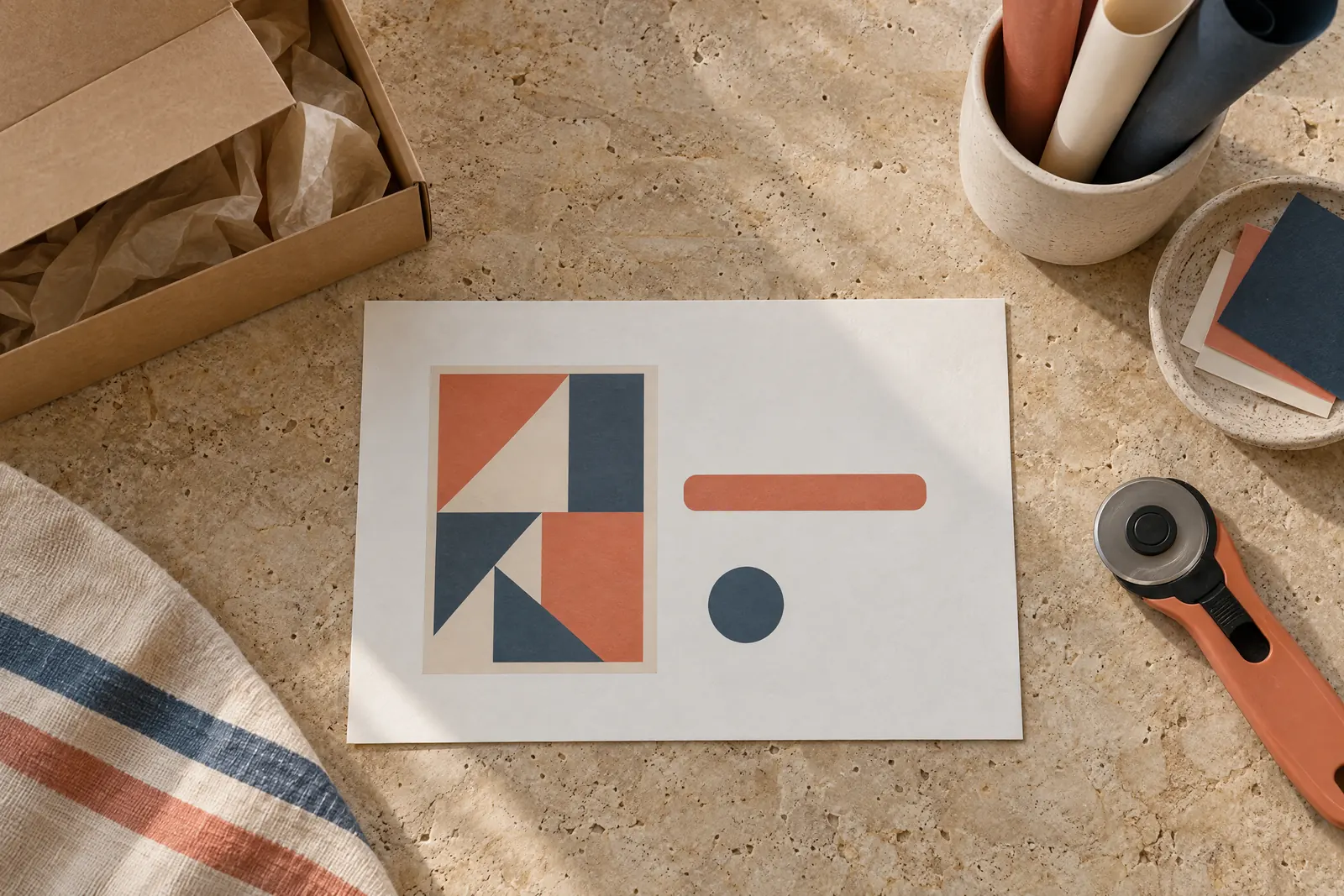 A paper studio still life of a delivery product arranged with a rotary cutter, in coral, sand, slate, and cream.