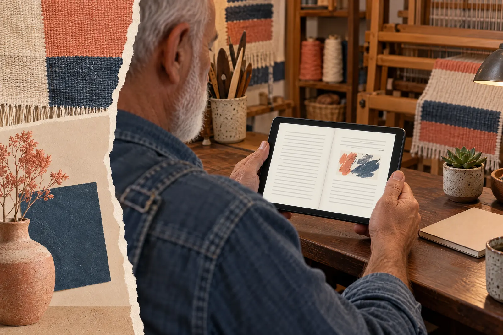 A man in his sixties with a close-cropped white beard in a denim overalls at a weave studio looks at a screen showing a ebook product for sale, with a tiny succulent beside them.