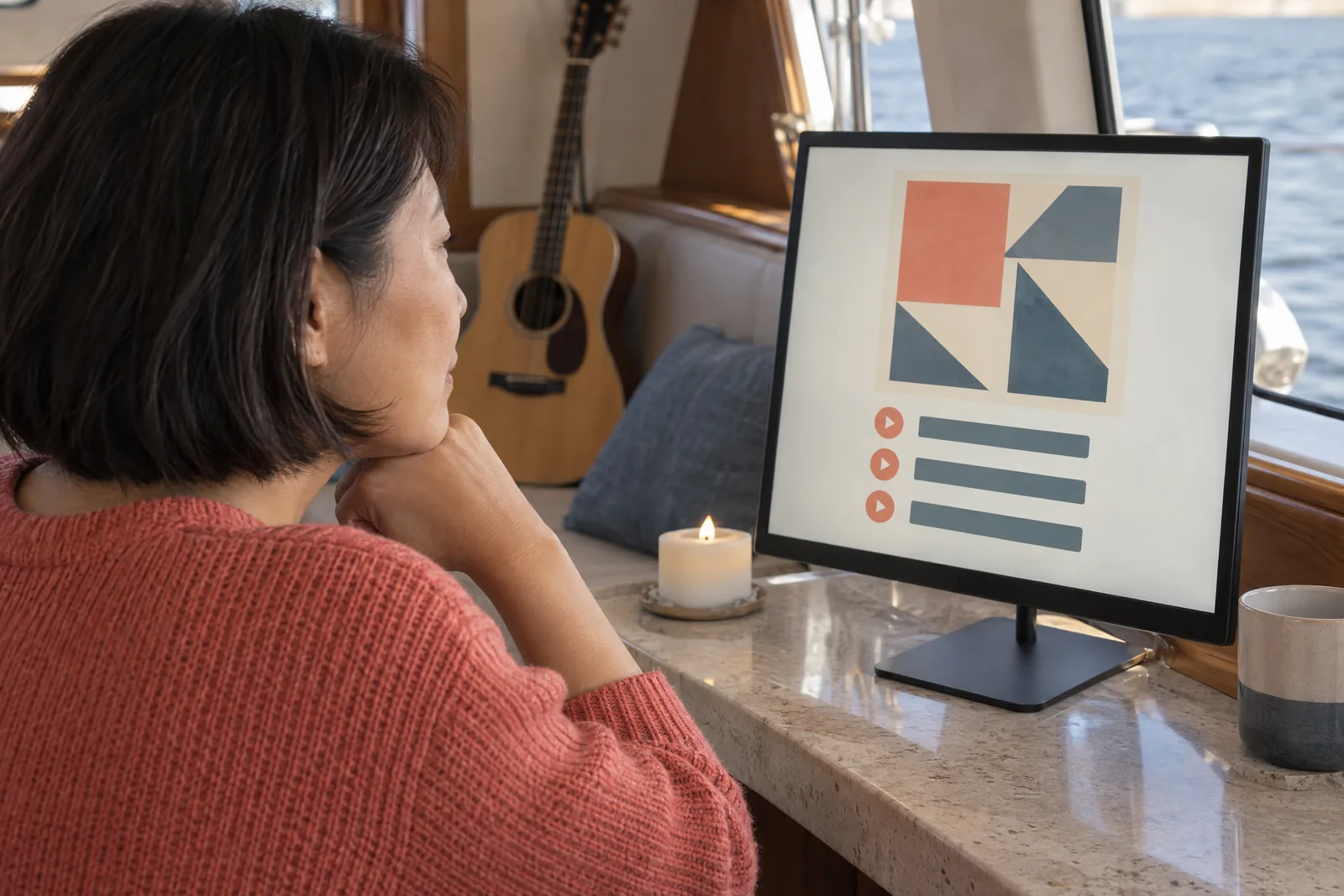 An east asian woman in her forties with a short bob in a coral knit sweater at a boat cabin looks at a screen showing a music product for sale, with a short white candle beside them.