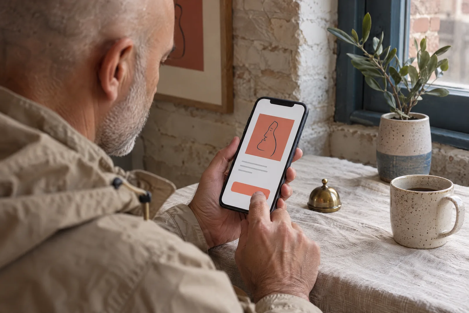 A bald man in his fifties with gray stubble in a sand rain jacket at a loft corner looks at a screen showing a general product for sale, with a small brass bell beside them.