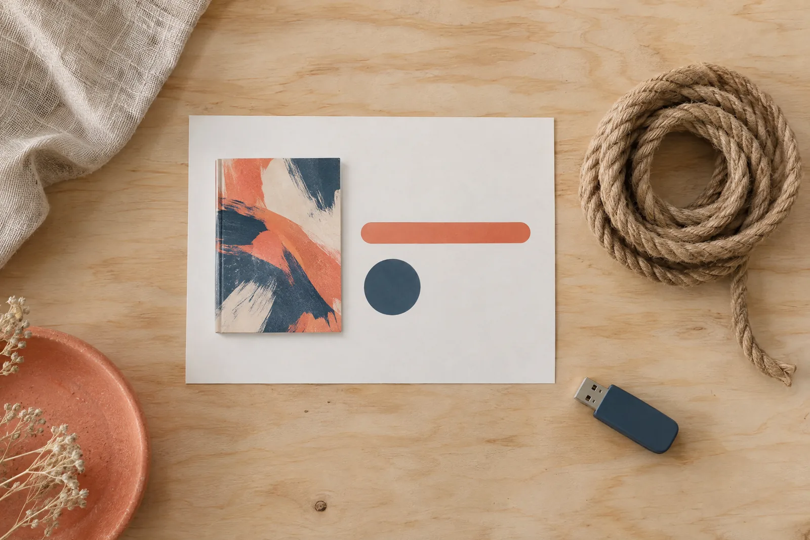 A photo bay still life of a software product arranged with a coil of natural rope, in coral, sand, slate, and cream.