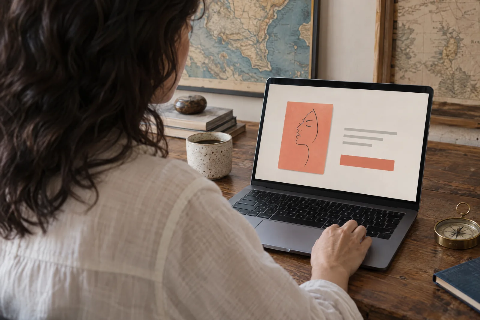 A woman in her thirties with dark wavy hair in a cream linen shirt at a map room looks at a screen showing a general product for sale, with a brass compass beside them.